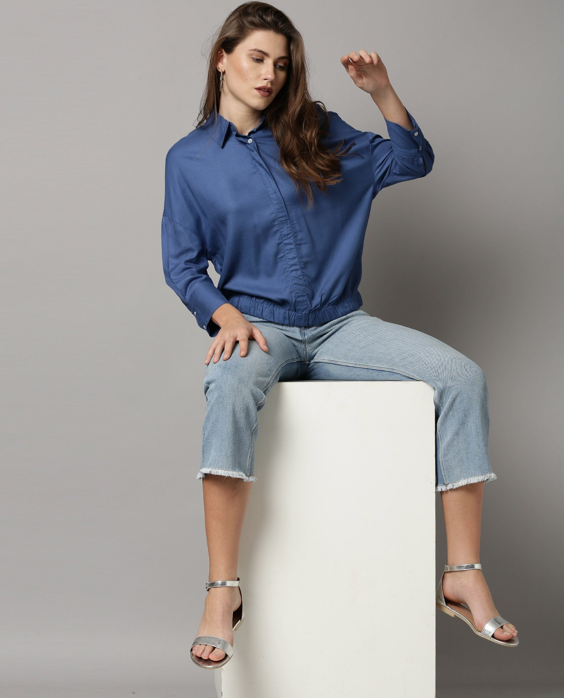 Rareism Women Dupe Blue Top Short Sleeves Solid