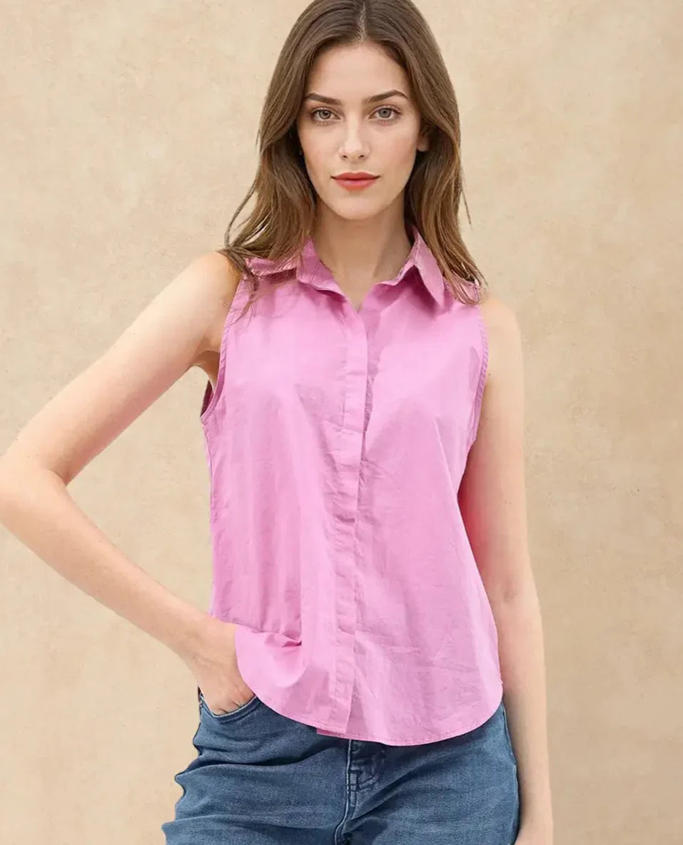 Rareism Women's Blumoon Pink Cotton Drop Collar Plain Sleeveless Relaxed Fit Top