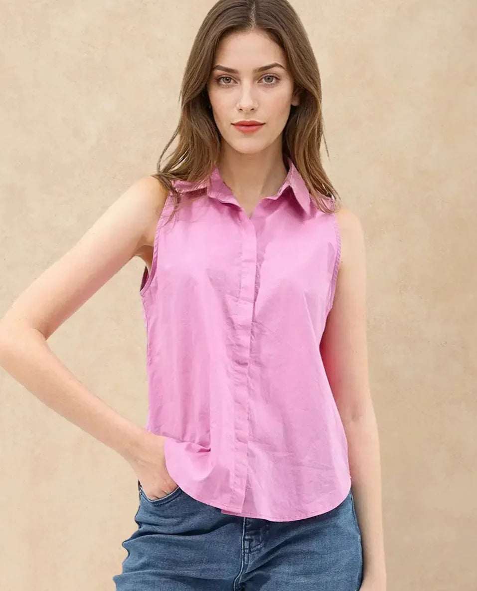 Rareism Women Blumoon-SC Pink Cotton Fabric Sleeveless Collared Neck Button Closure Solid Regular Fit Top
