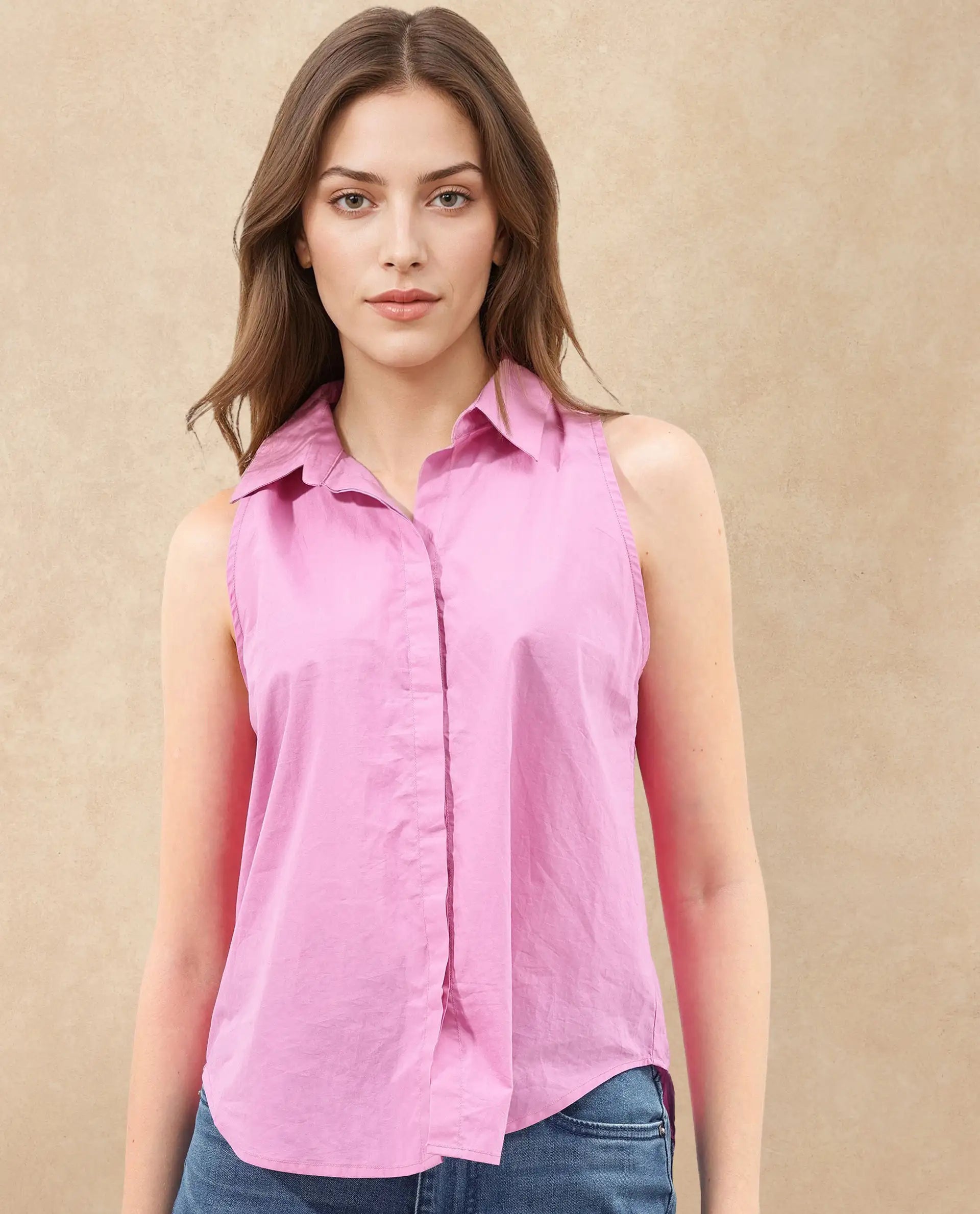 Rareism Women's Blumoon Pink Cotton Drop Collar Plain Sleeveless Relaxed Fit Top