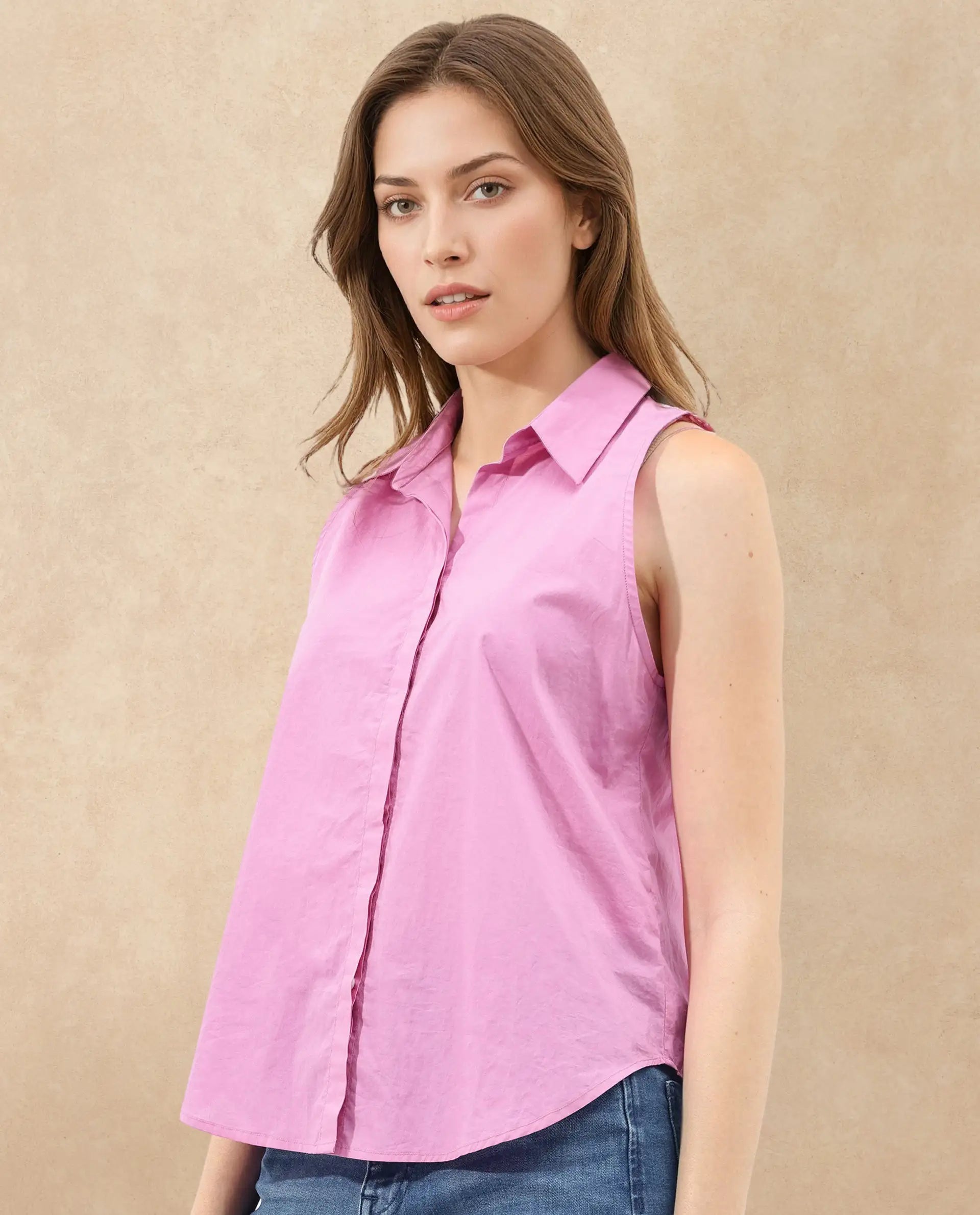 Rareism Women's Blumoon Pink Cotton Drop Collar Plain Sleeveless Relaxed Fit Top