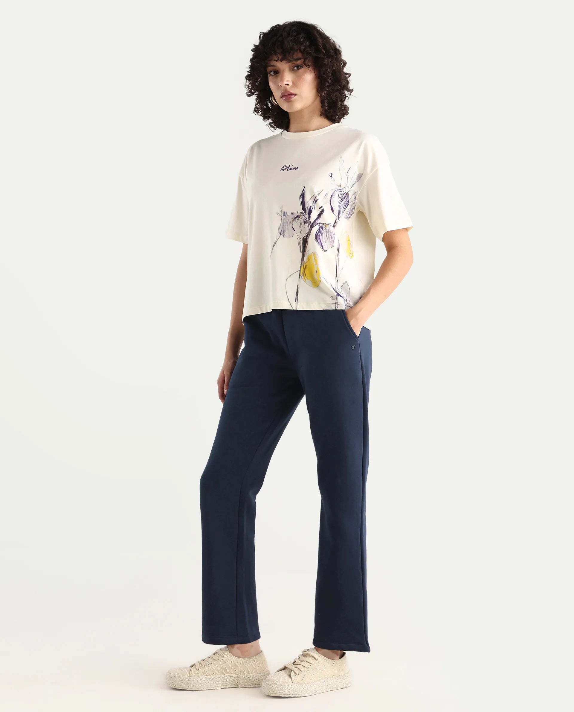 Rareism Women's Blunt Navy Cotton Blend Plain Ankle Length Regular Fit Track Pant