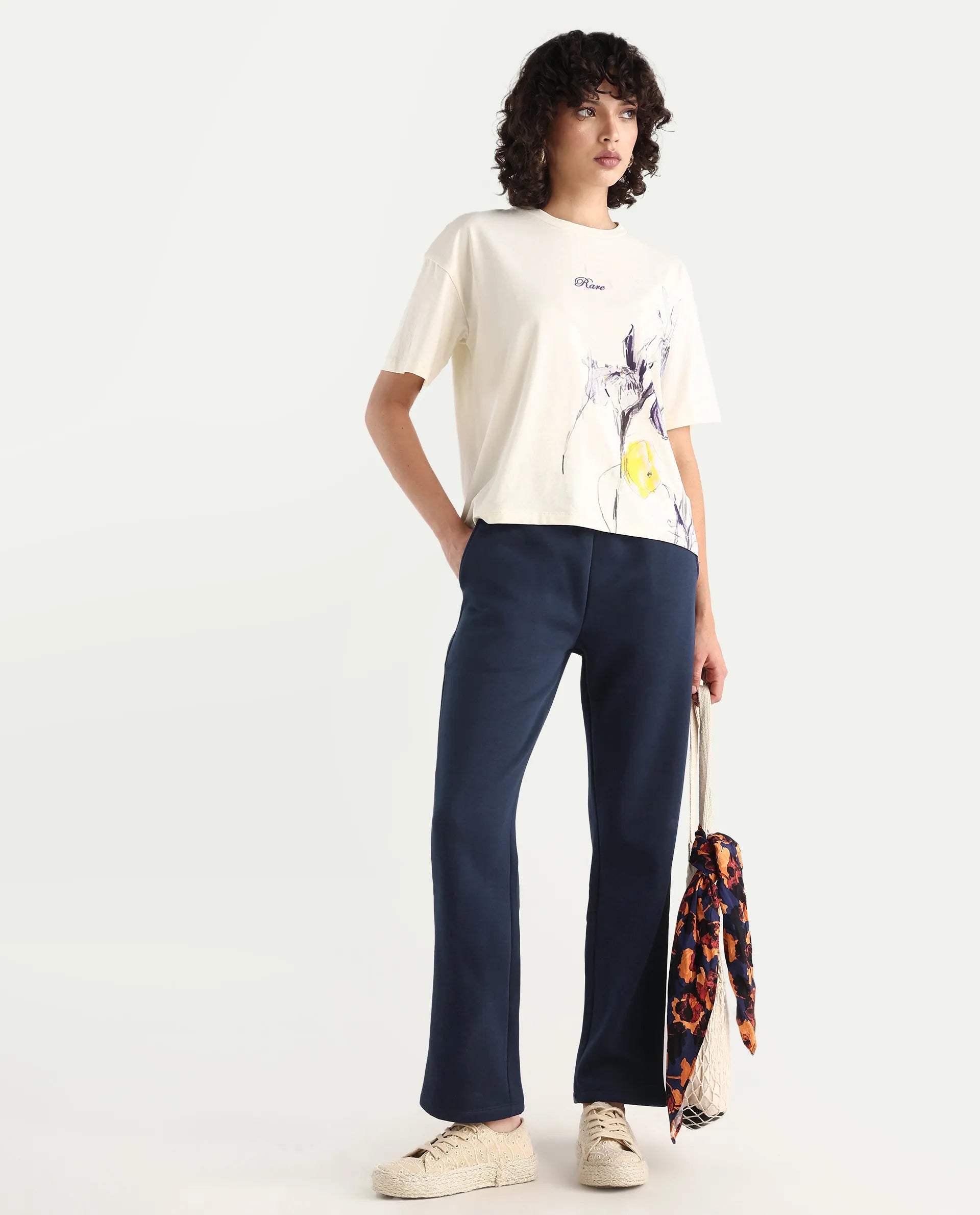 Rareism Women's Blunt Navy Cotton Blend Plain Ankle Length Regular Fit Track Pant