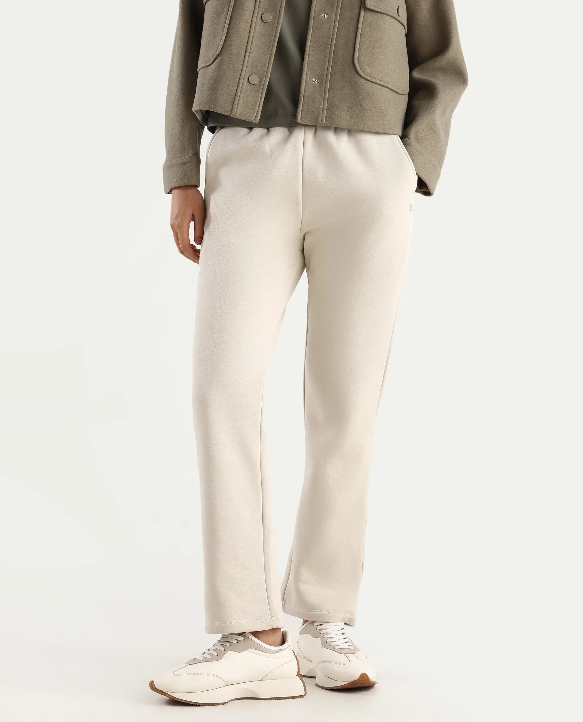 Rareism Women's Blunt Off White Cotton Blend Plain Ankle Length Straight Fit Track Pant