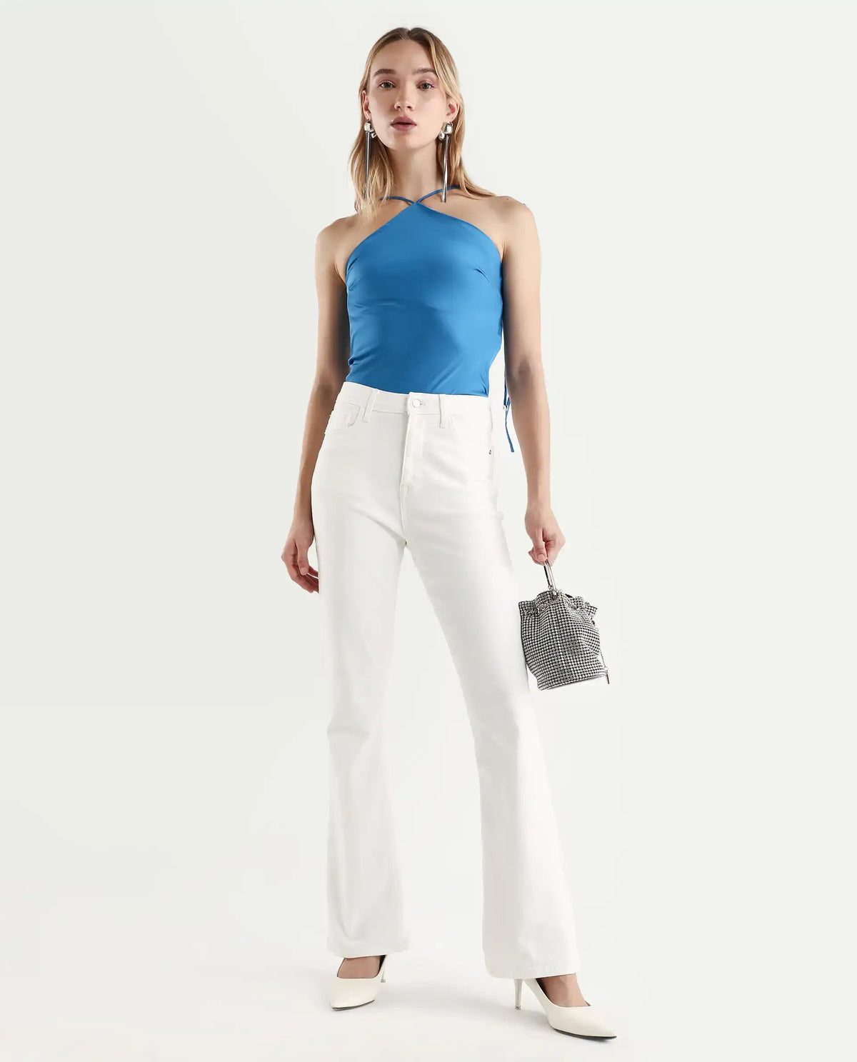 Rareism Women's Bluray Fluorescent Blue Polyester Halter Neck Plain Sleeveless Regular Fit Top