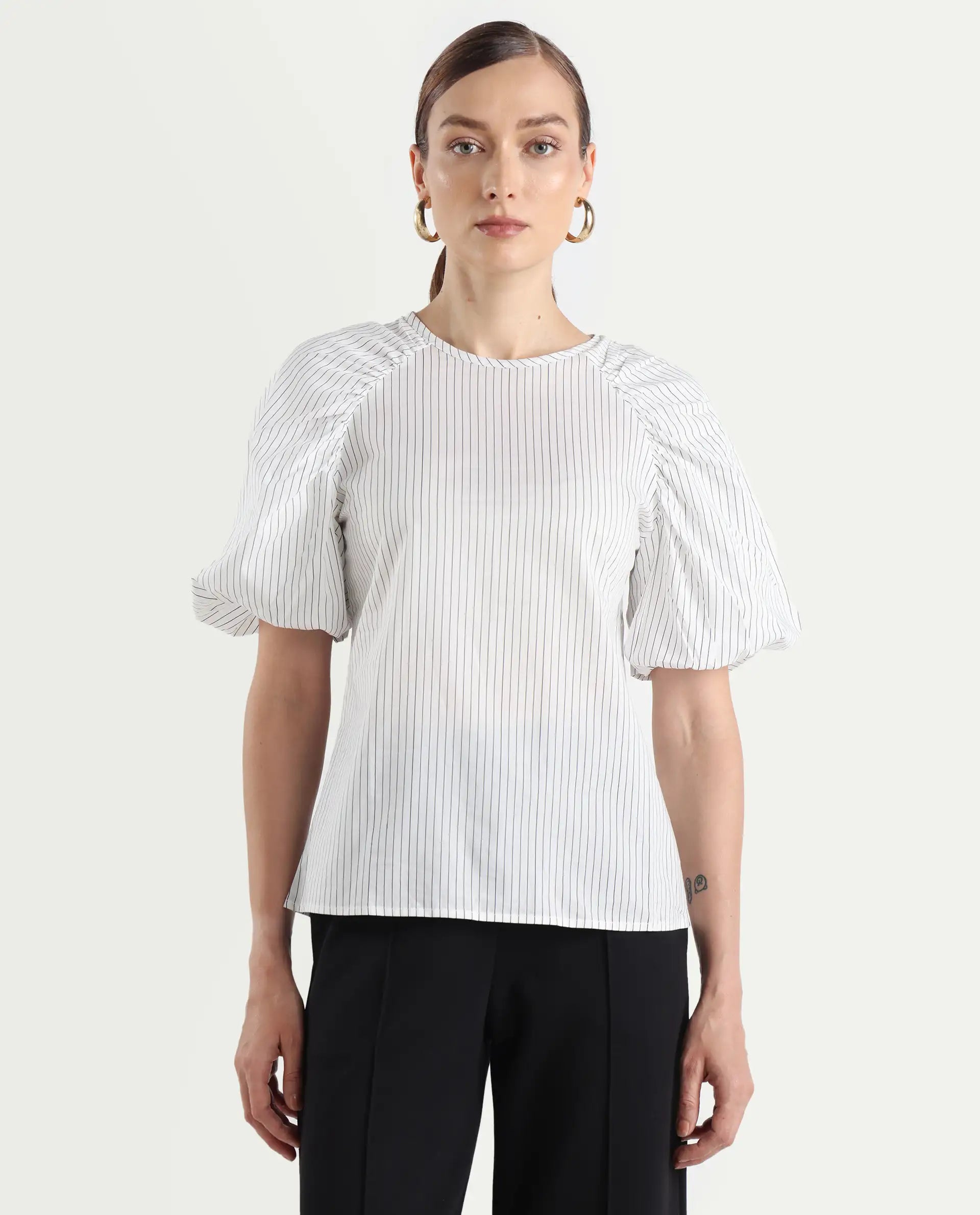 Rareism Women's Bobb White Cotton Drop Collar Striped Raglan Sleeve Regular Fit Top