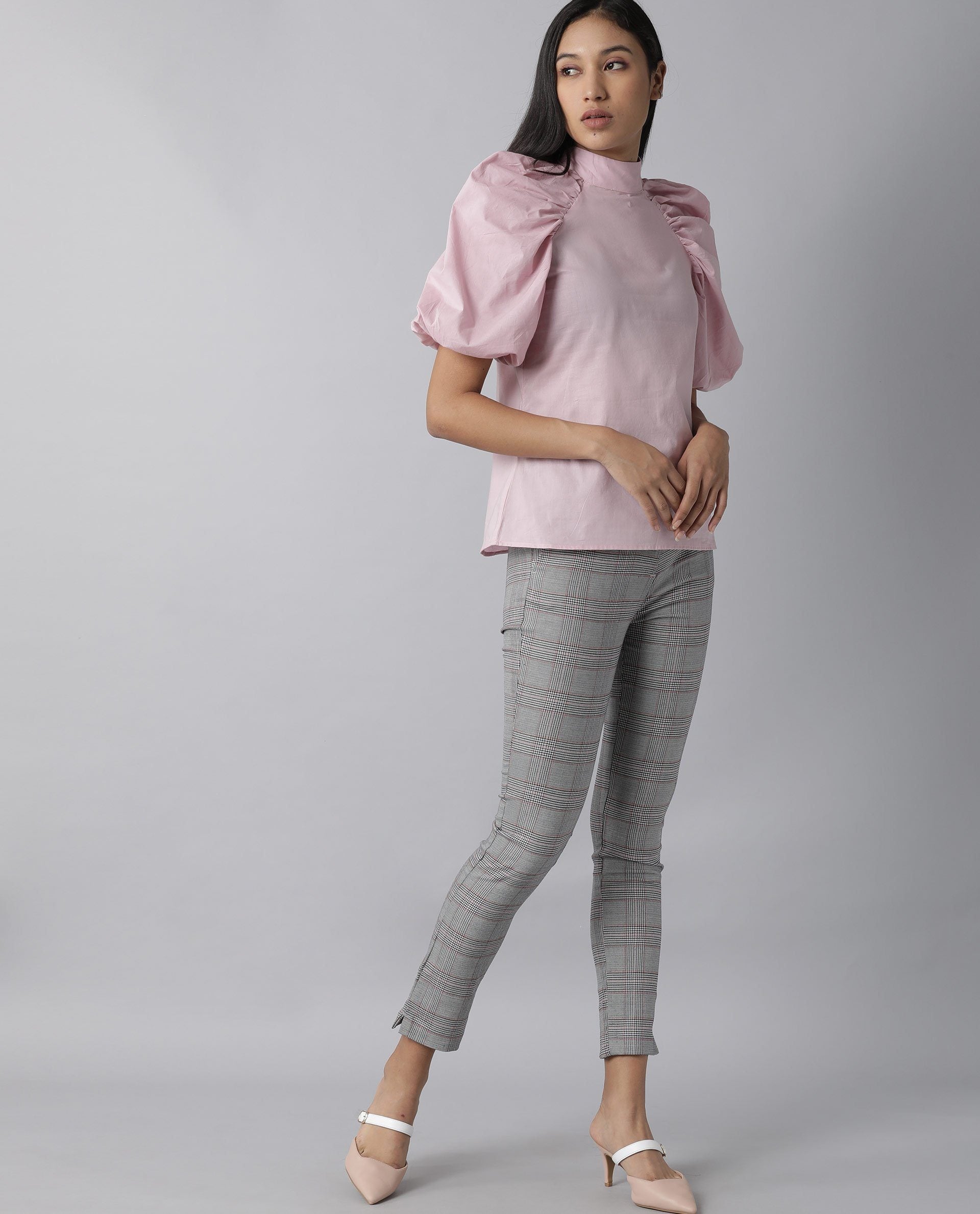 Rareism Womens Bobby Pink Top Cotton Fabric Half Sleeve High Neck