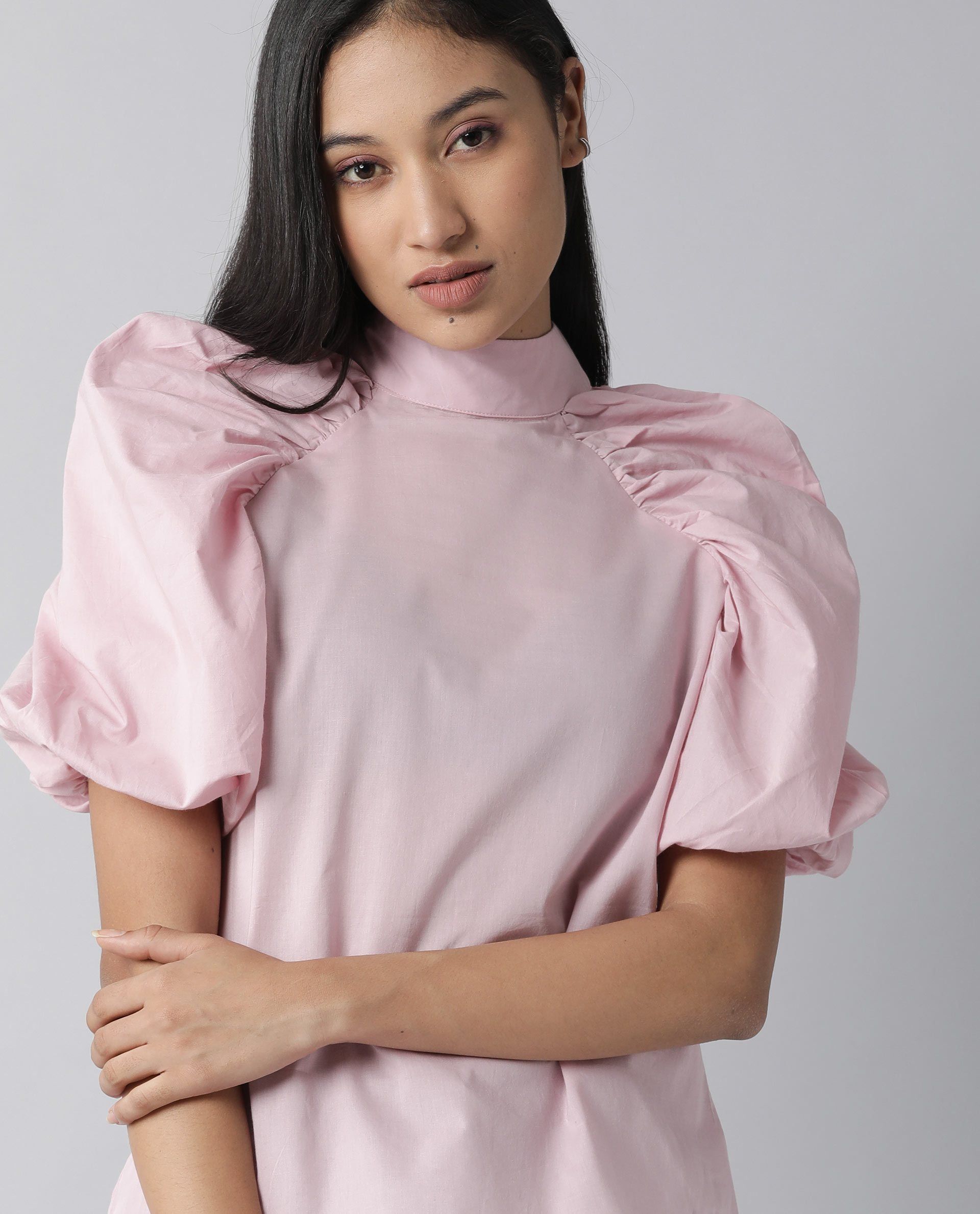 Rareism Womens Bobby Pink Top Cotton Fabric Half Sleeve High Neck