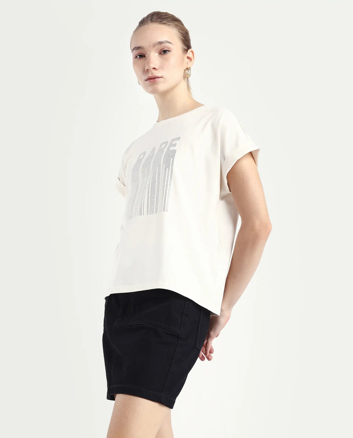 Rareism Women's Bocato Off White Cotton Blend Crew Neck Graphic Print Extended Sleeves Regular Fit T-Shirt