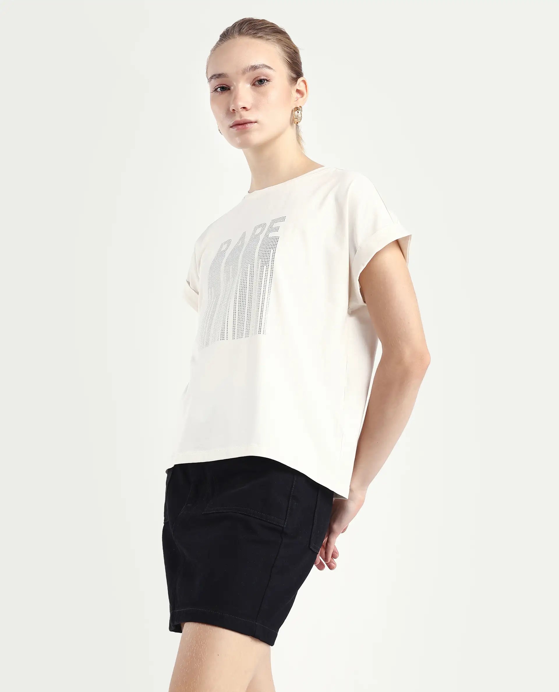 Rareism Women's Bocato Off White Cotton Blend Crew Neck Graphic Print Extended Sleeves Regular Fit T-Shirt