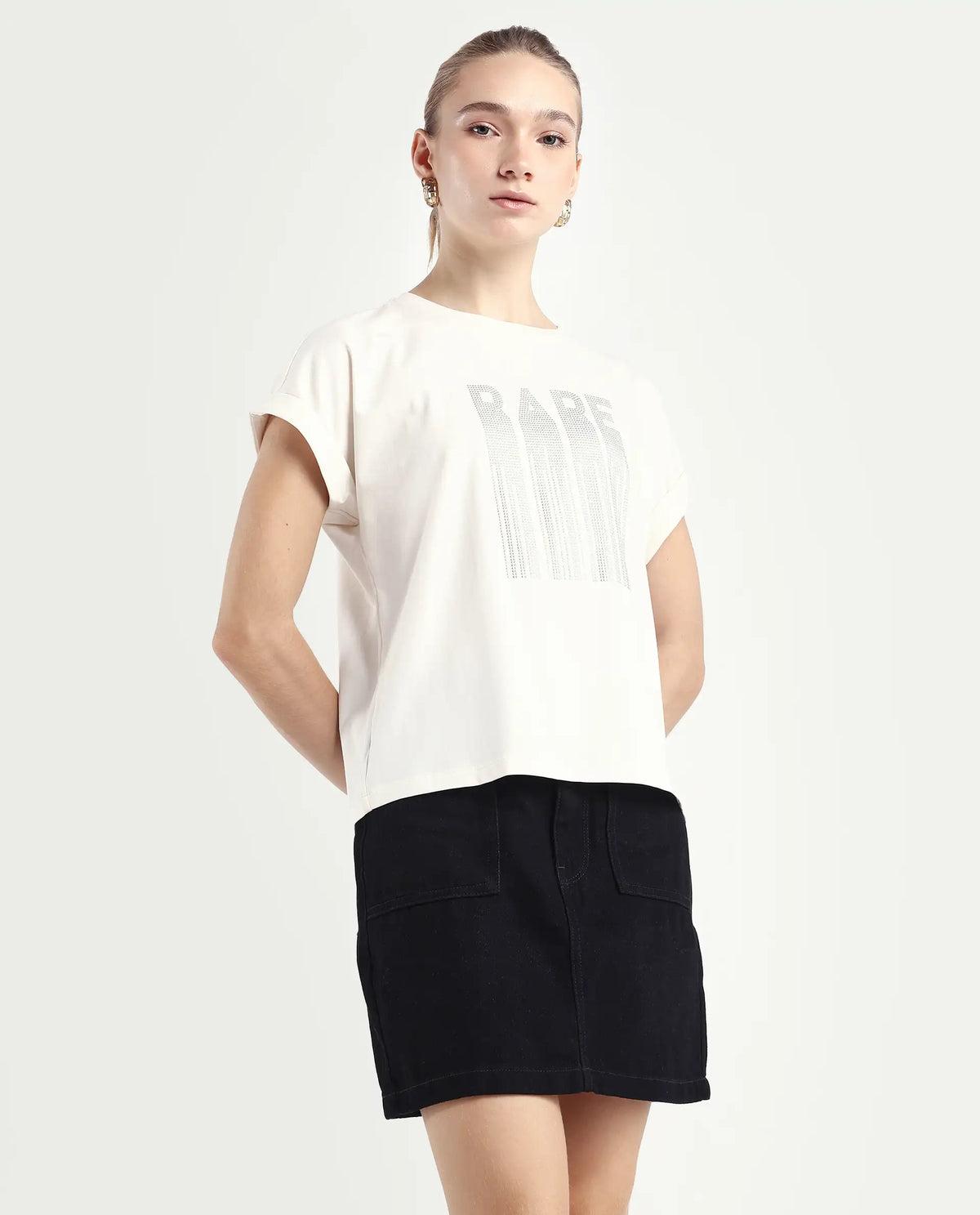 Rareism Women's Bocato Off White Cotton Blend Crew Neck Graphic Print Extended Sleeves Regular Fit T-Shirt