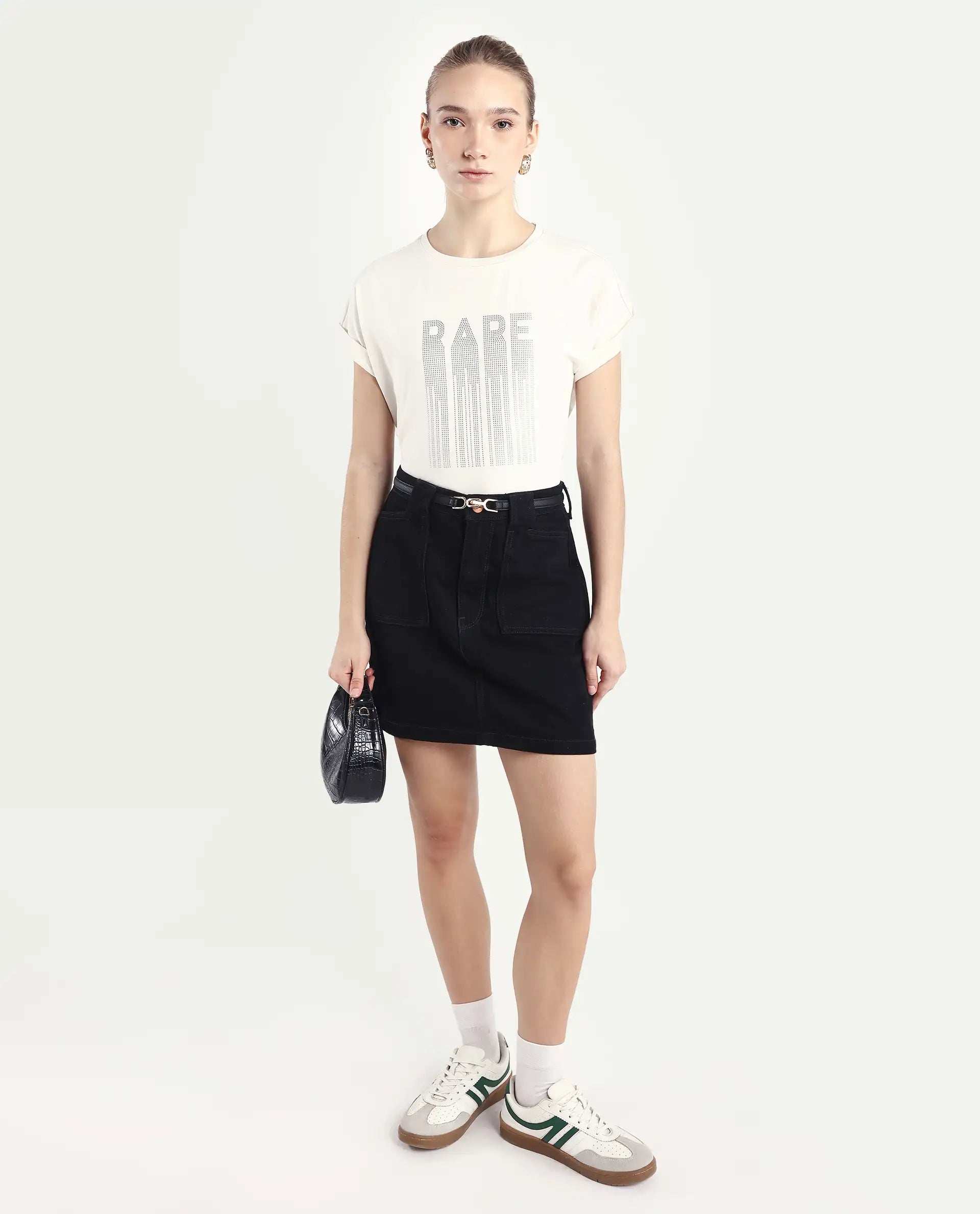 Rareism Women's Bocato Off White Cotton Blend Crew Neck Graphic Print Extended Sleeves Regular Fit T-Shirt
