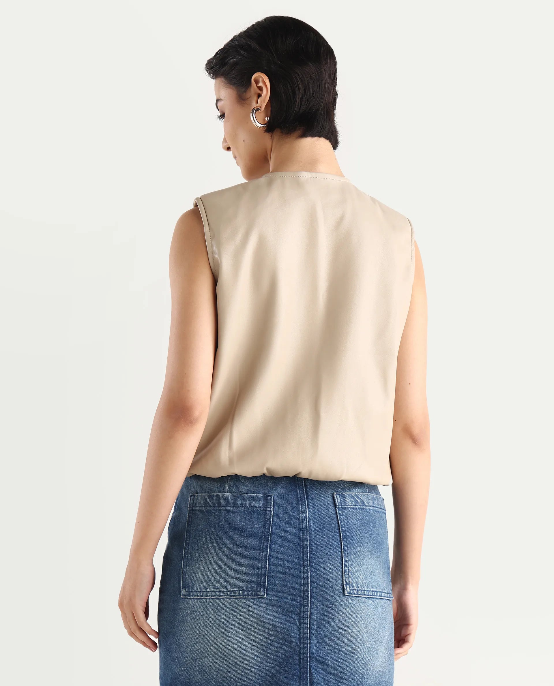 Rareism Women's Bojur - Light Brown Polyester Blend Round Neck Plain Sleeveless Boxy Fit Jacket