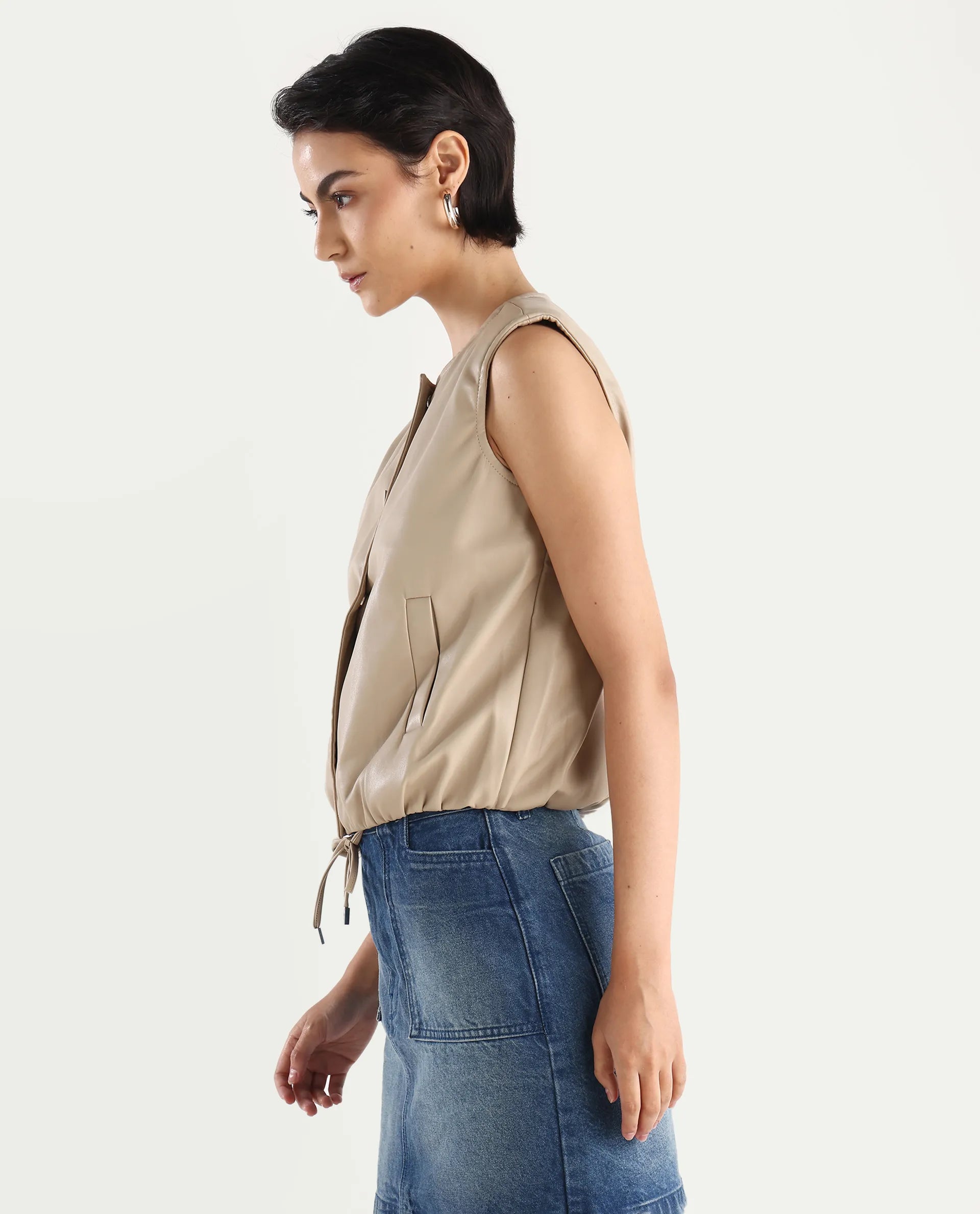 Rareism Women's Bojur - Light Brown Polyester Blend Round Neck Plain Sleeveless Boxy Fit Jacket