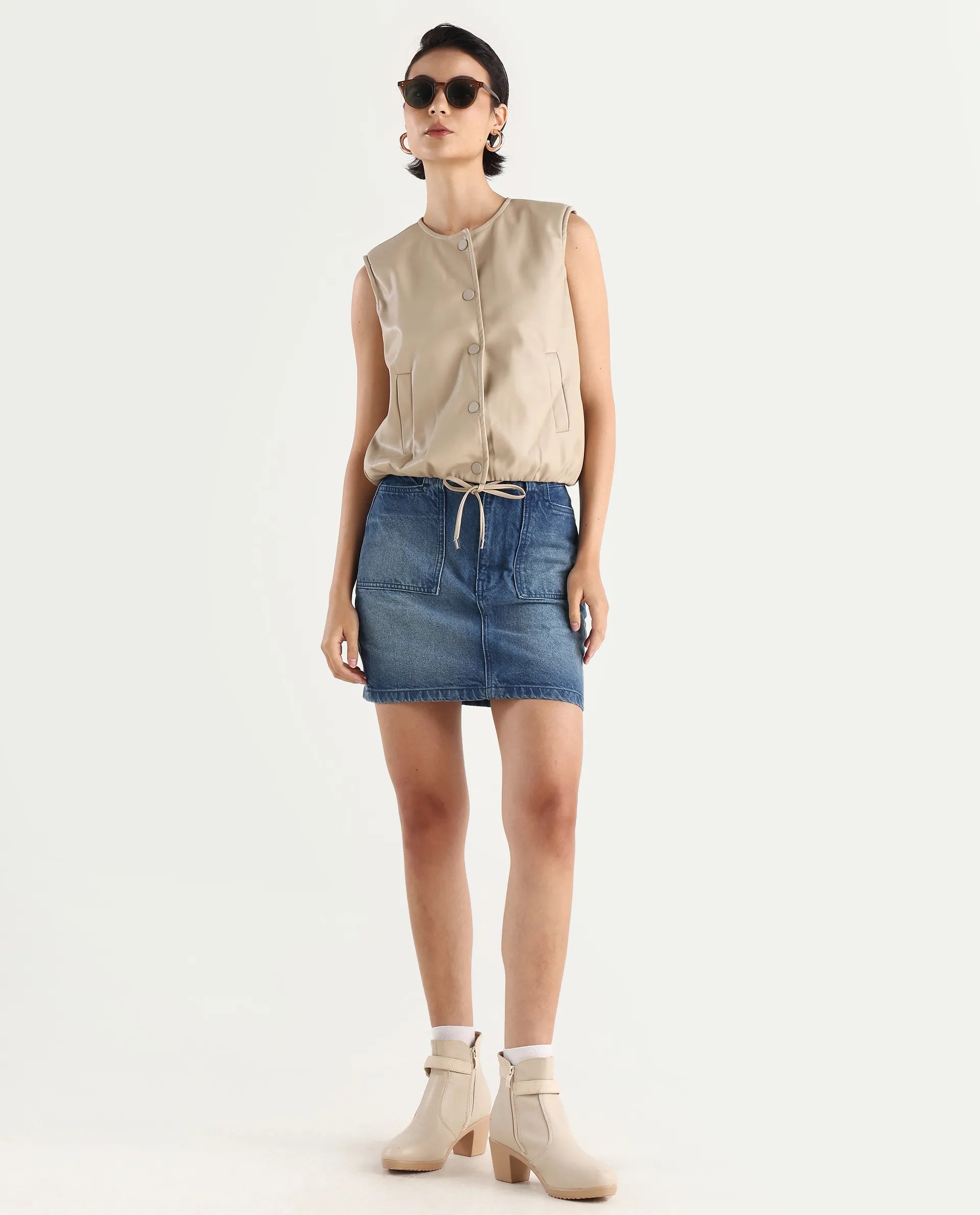 Rareism Women's Bojur - Light Brown Polyester Blend Round Neck Plain Sleeveless Boxy Fit Jacket