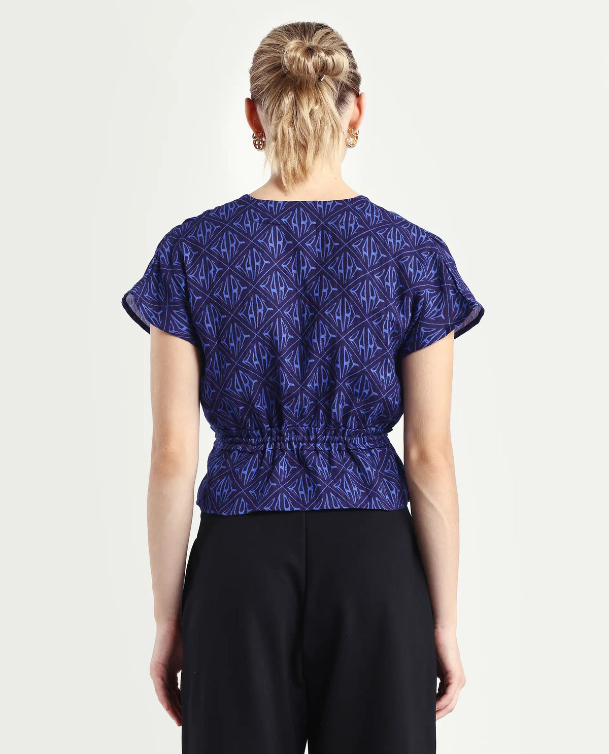 Rareism Women's Bolgan Dark Blue Cotton Blend V-Neck Monogram Print Extended Sleeves Crop Regular Fit Top