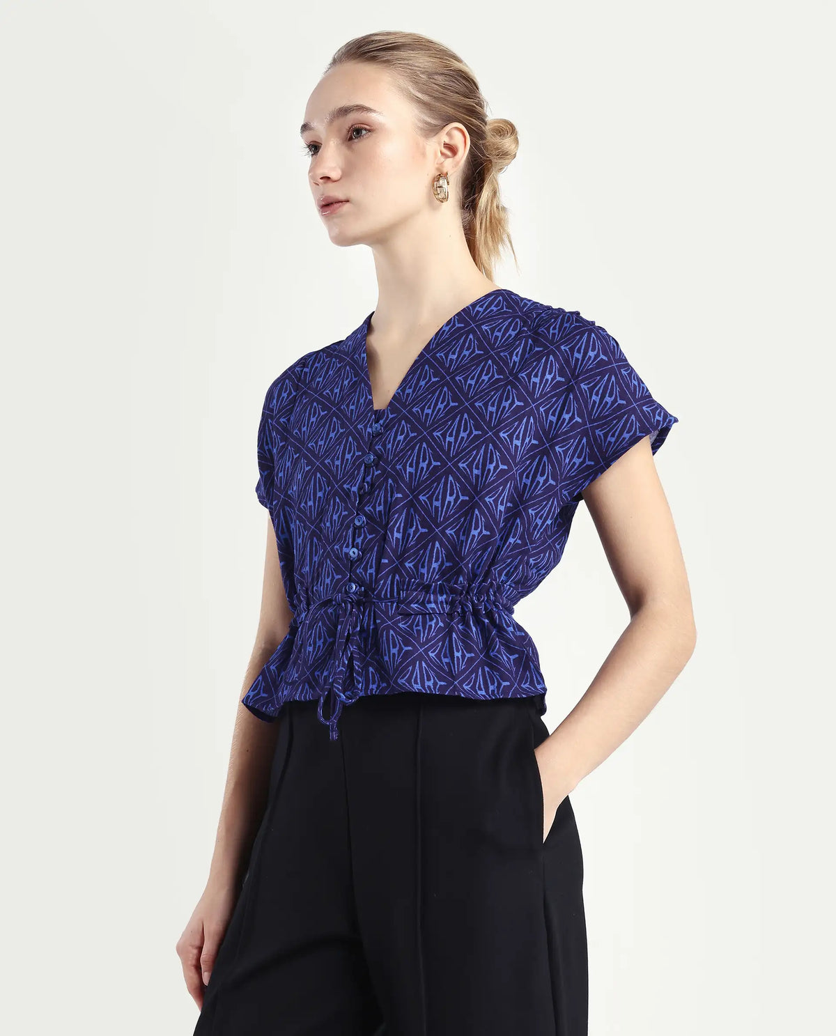 Rareism Women's Bolgan Dark Blue Cotton Blend V-Neck Monogram Print Extended Sleeves Crop Regular Fit Top