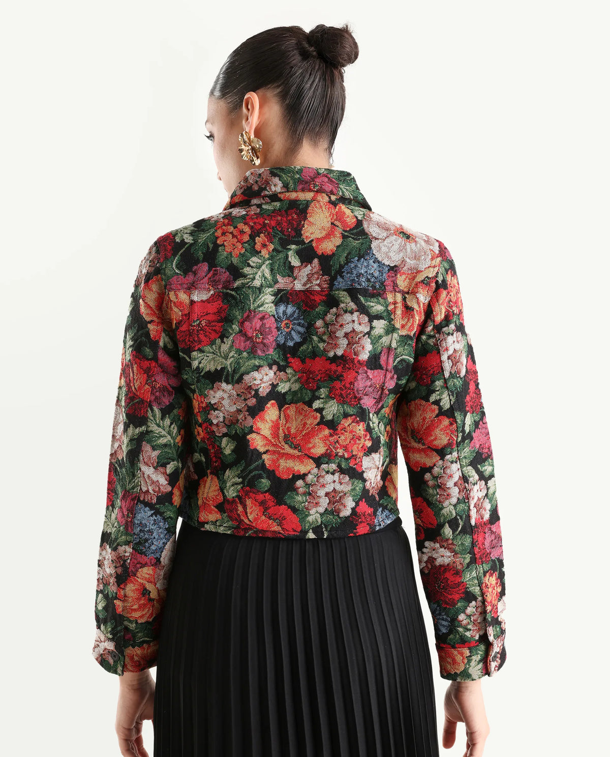 Rareism Women's Bolor Multi Cotton Blend Drop Collar Jacquard Cuffed Sleeve Crop Regular Fit Jacket