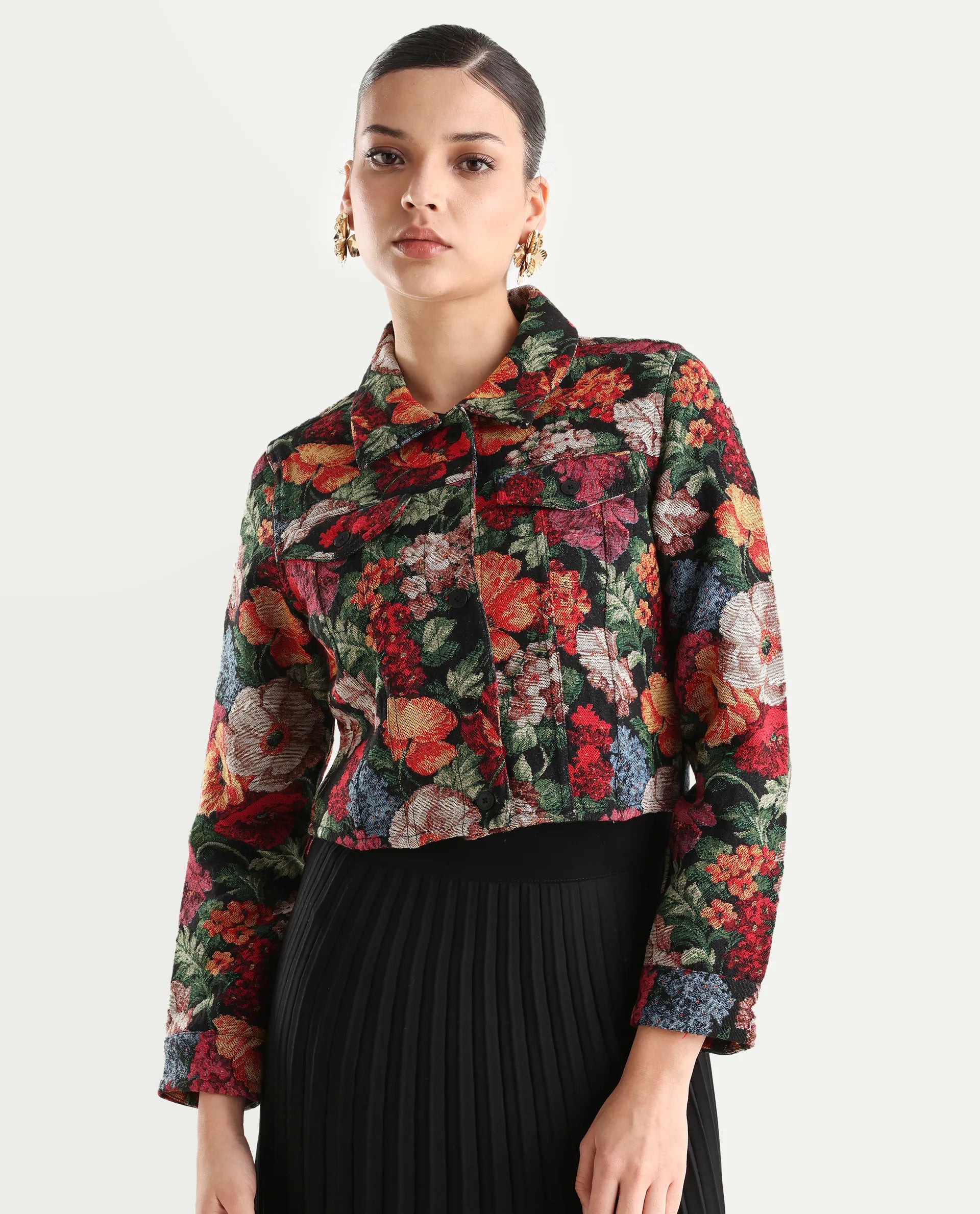Rareism Women's Bolor Multi Cotton Blend Drop Collar Jacquard Cuffed Sleeve Crop Regular Fit Jacket