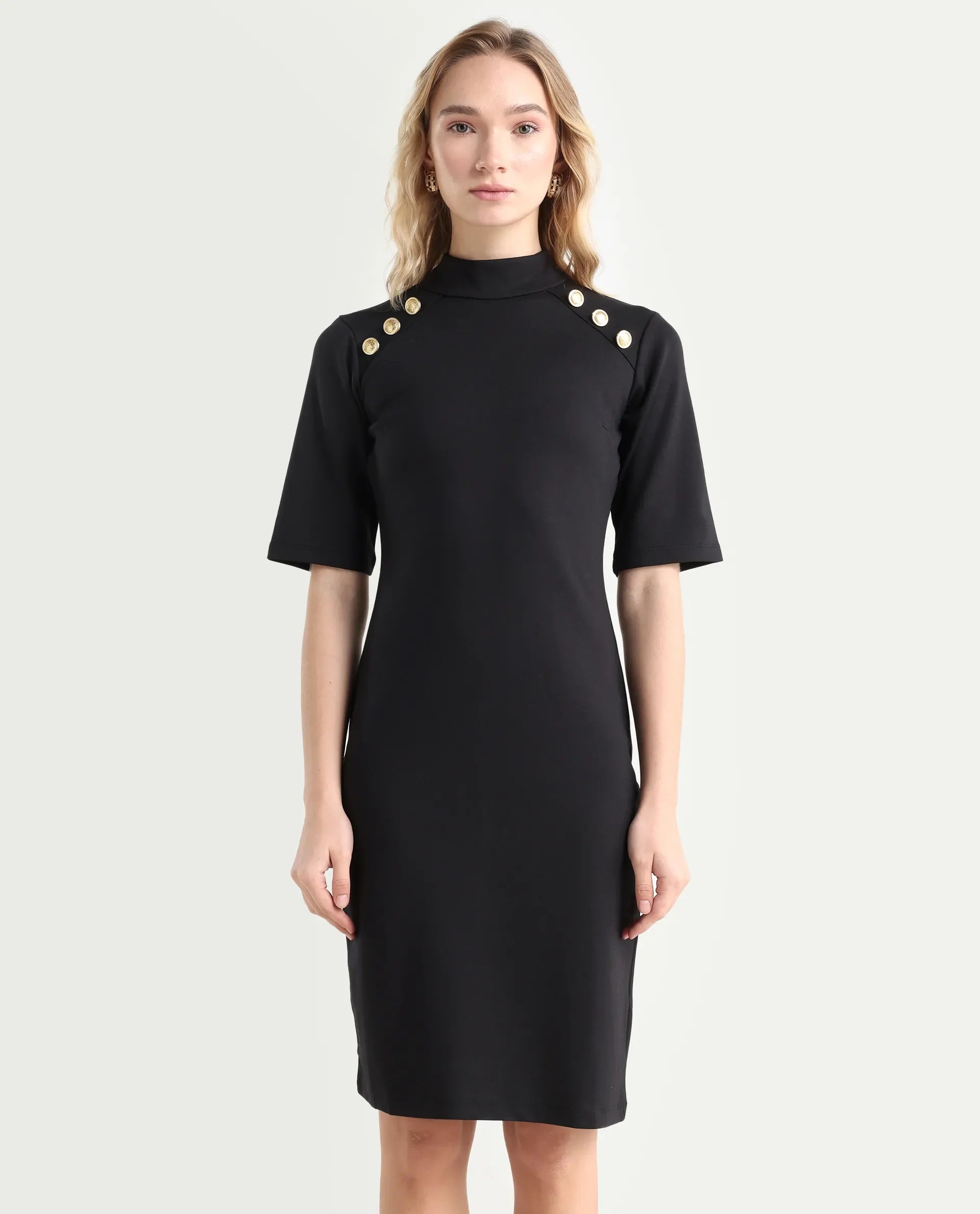 Rareism Women's Bolu Black Cotton Blend High Neck Plain Knee Length Slim Fit Dress