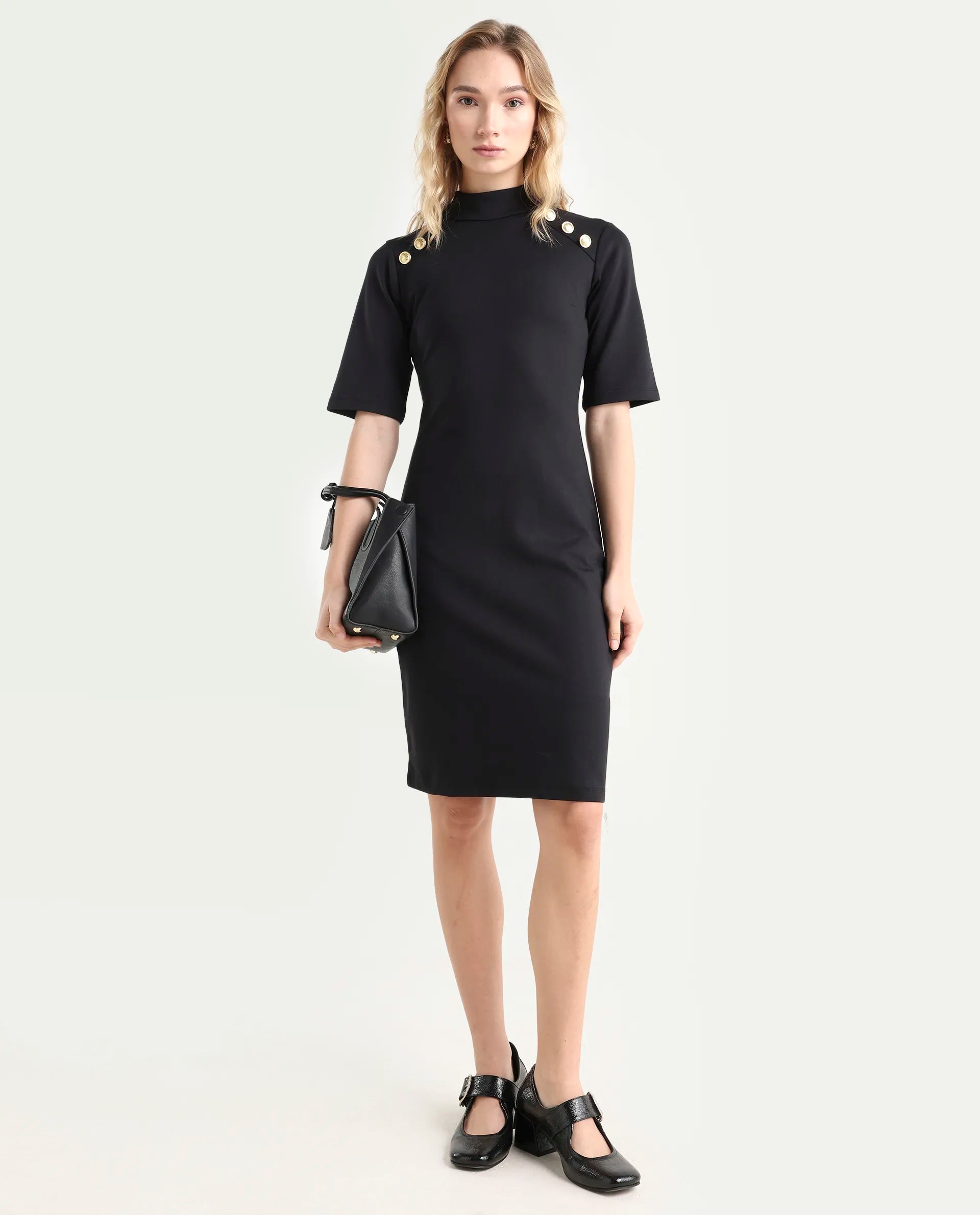 Rareism Women's Bolu Black Cotton Blend High Neck Plain Knee Length Slim Fit Dress