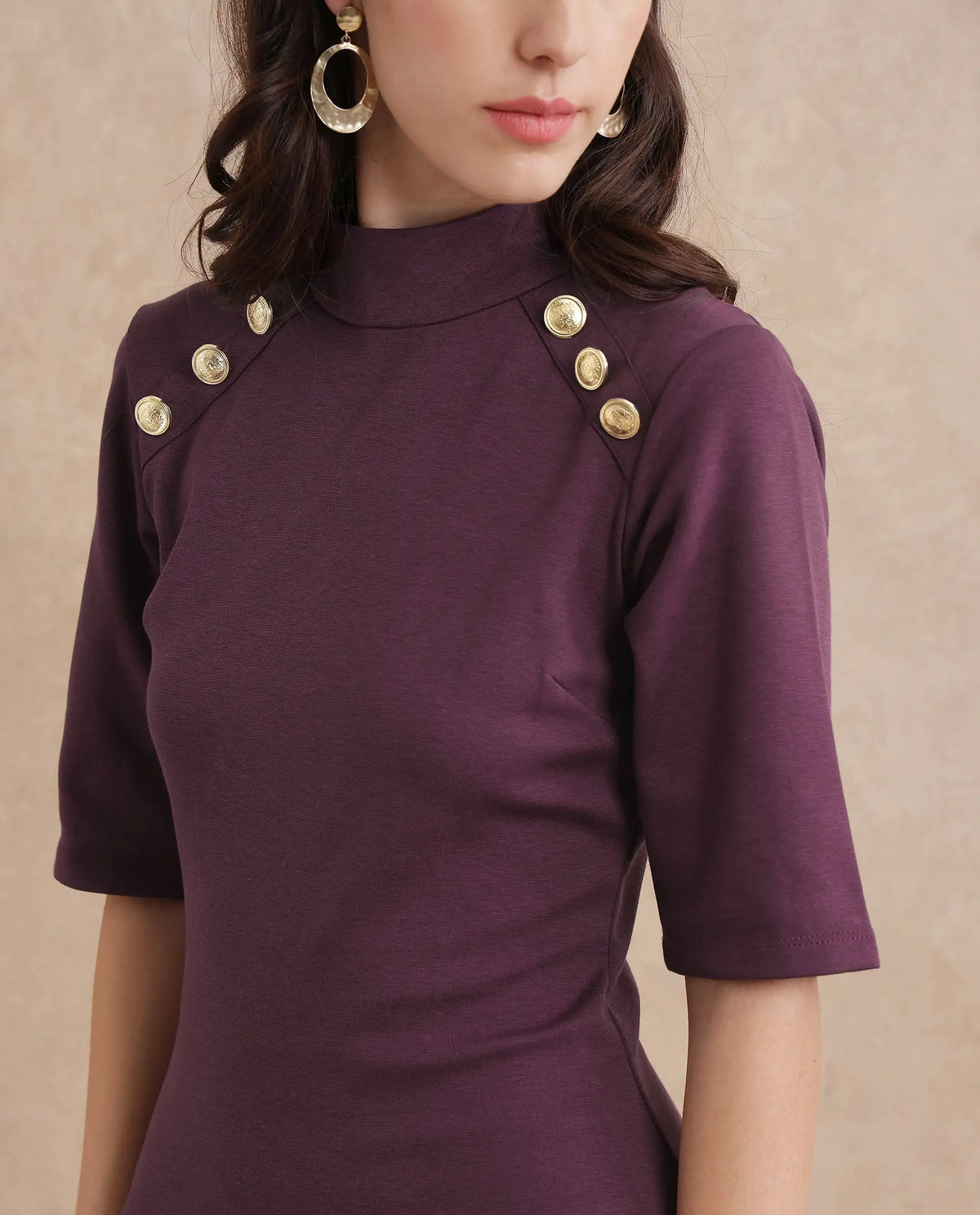 Rareism Women's Bolu Purple Cotton Blend Fabric High Neck Zipper Closure Half Sleeve Plain Bodycon Midi Dress