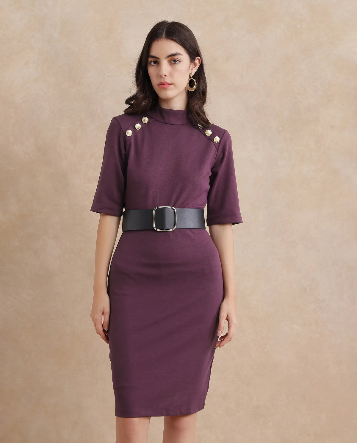 Rareism Women's Bolu Purple Cotton Blend Fabric High Neck Zipper Closure Half Sleeve Plain Bodycon Midi Dress