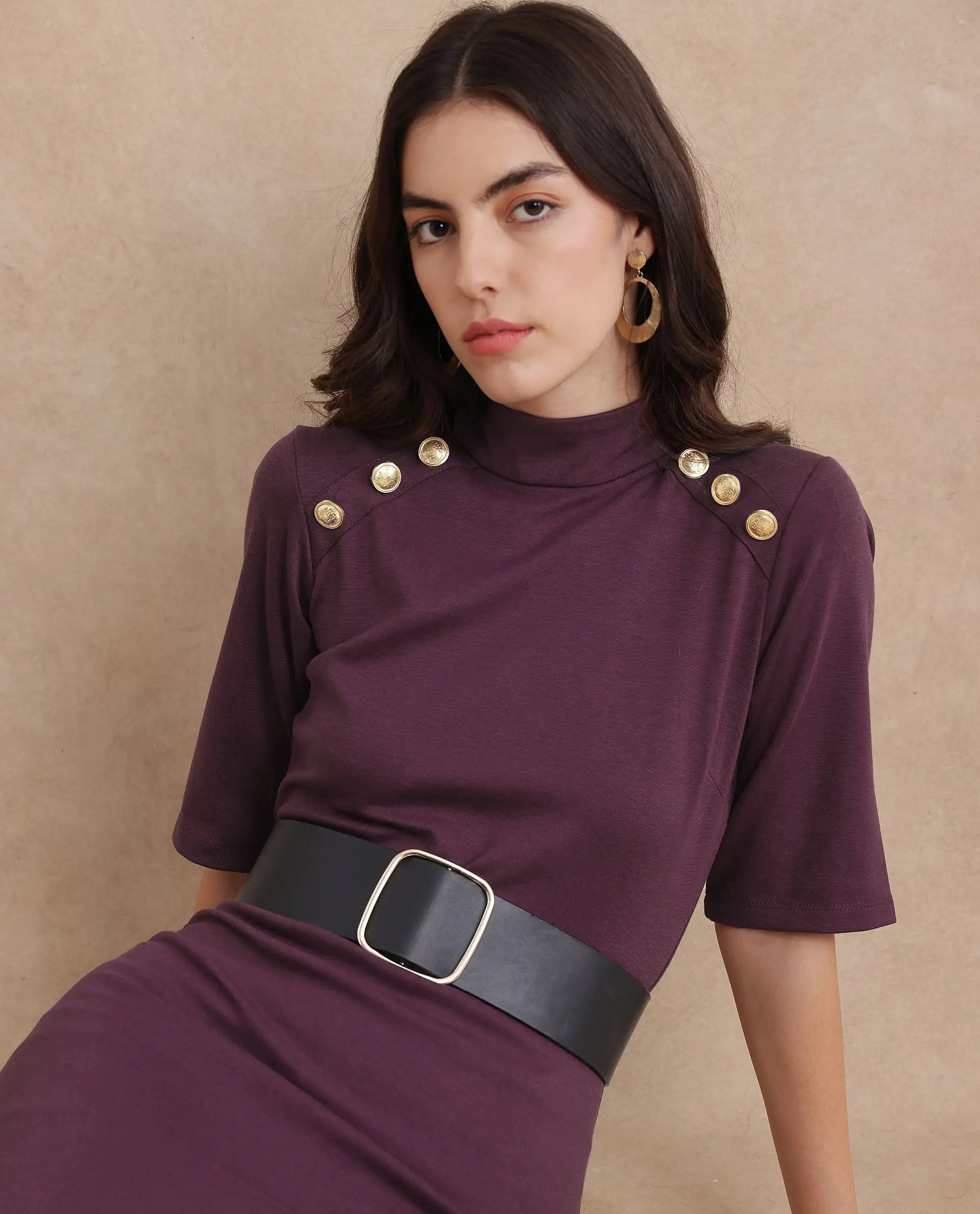 Rareism Women's Bolu Purple Cotton Blend High Neck Plain Midi Bodycon Dress