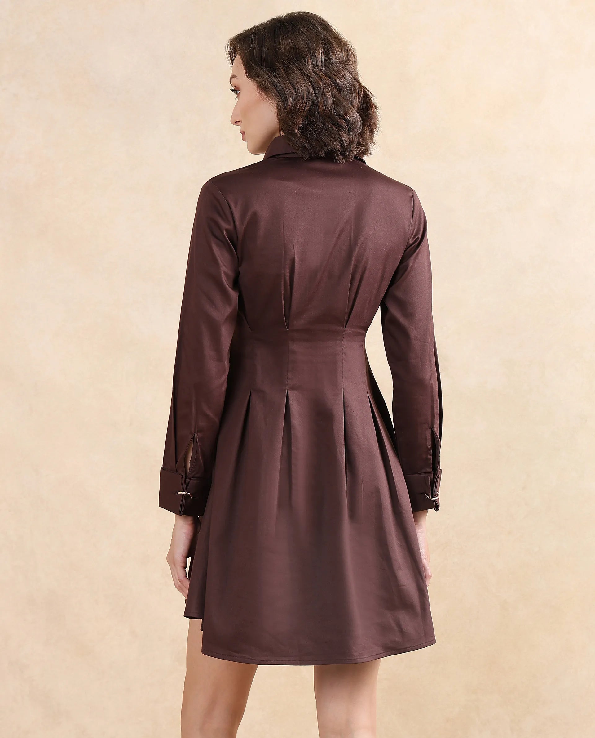 Rareism Women's Bolvia Dark Brown Cotton Blend Drop Collar Plain Cuffed Sleeve Knee Length Flared Dress