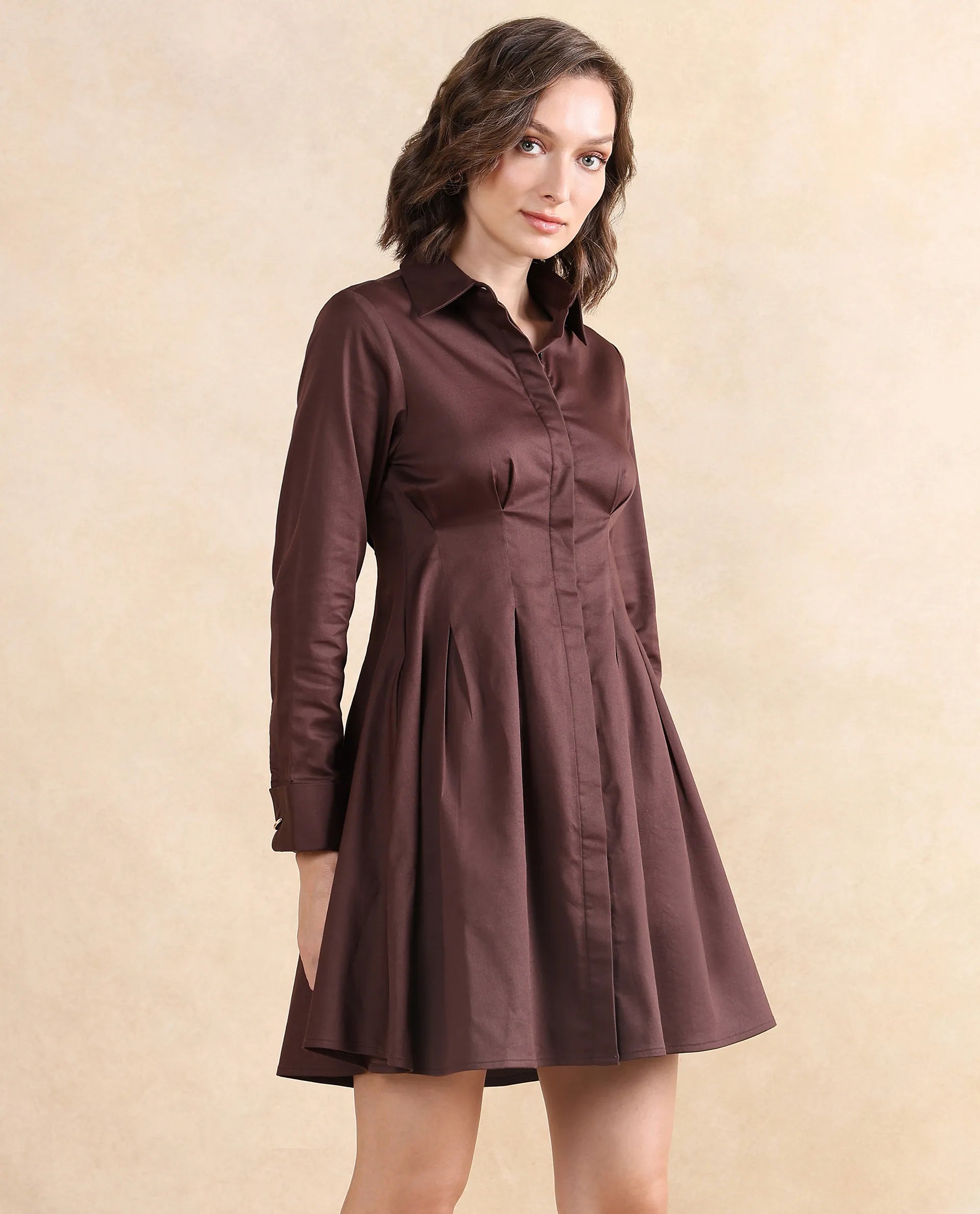 Rareism Women's Bolvia Dark Brown Cotton Blend Drop Collar Plain Cuffed Sleeve Knee Length Flared Dress