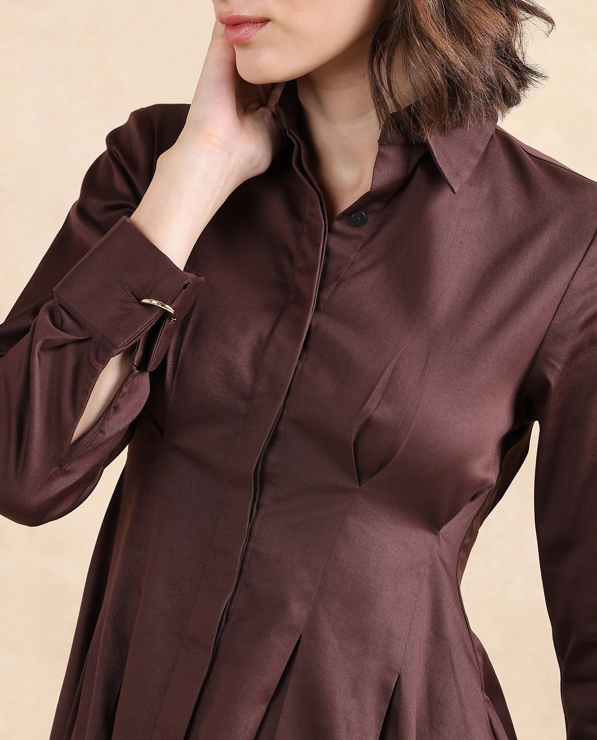 Rareism Women's Bolvia Dark Brown Cotton Blend Drop Collar Plain Cuffed Sleeve Knee Length Flared Dress