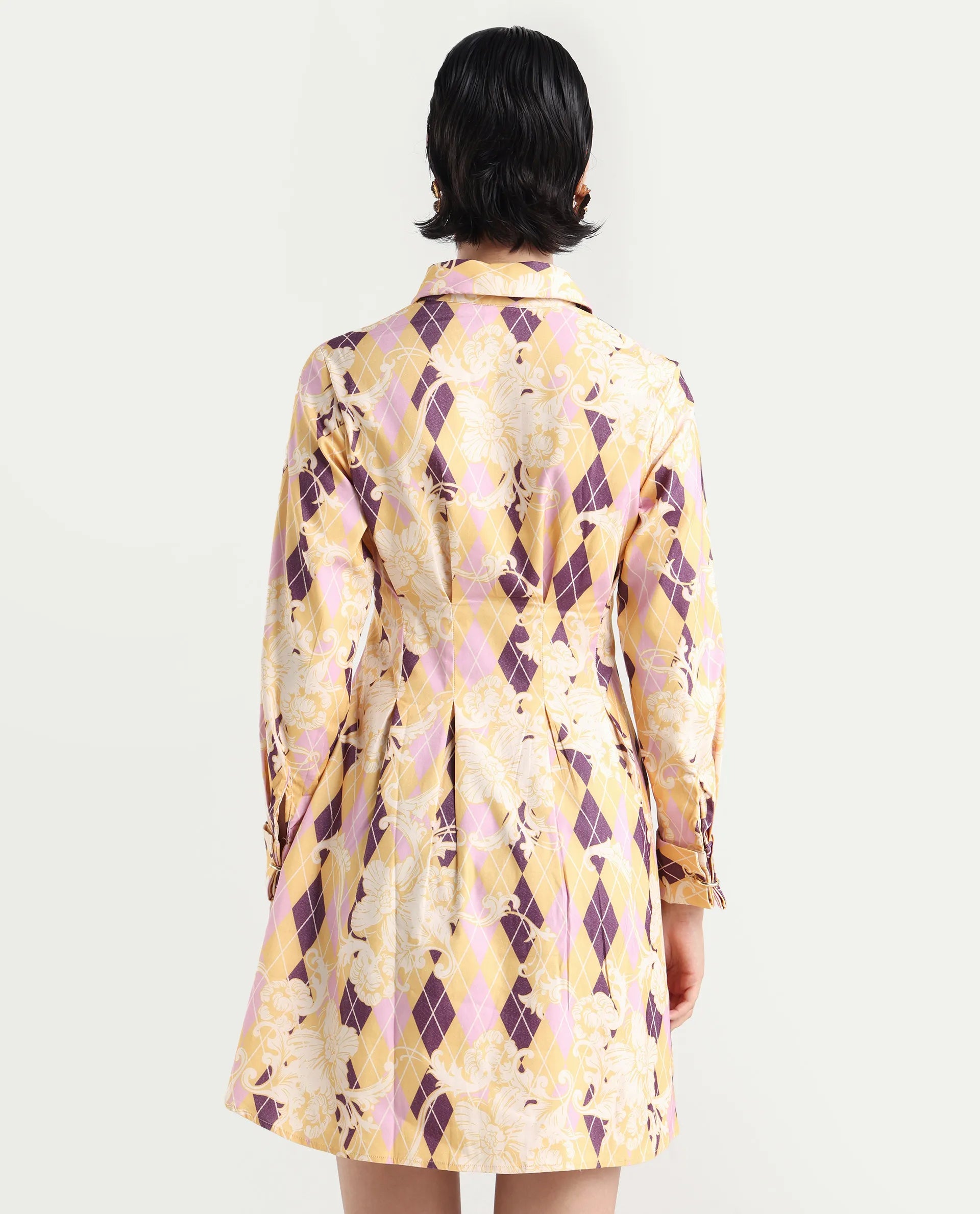 Rareism Women's Bolviana Light Multi Cotton Blend Drop Collar Floral Print Cuffed Sleeve Mini Flared Dress