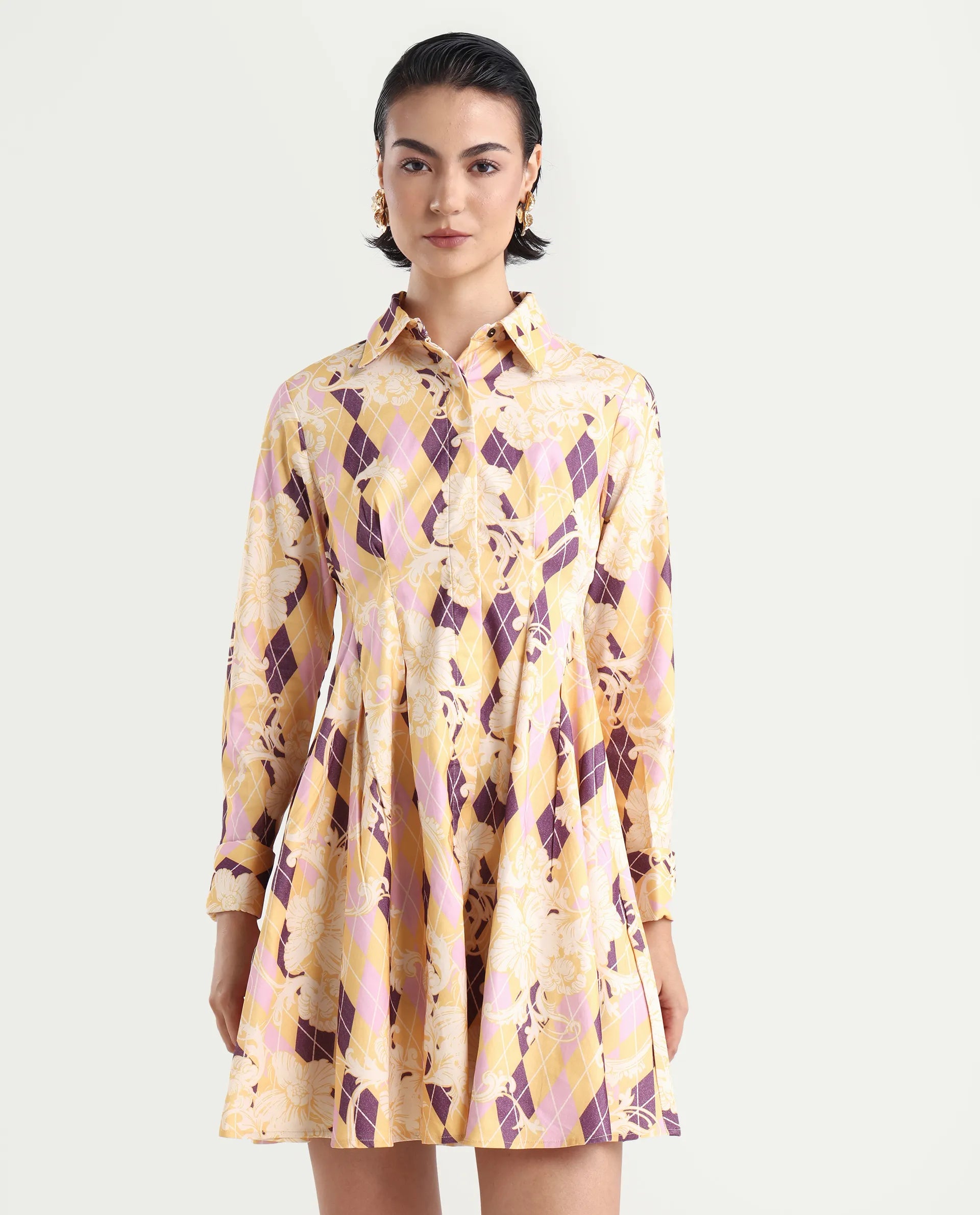 Rareism Women's Bolviana Light Multi Cotton Blend Drop Collar Floral Print Cuffed Sleeve Mini Flared Dress