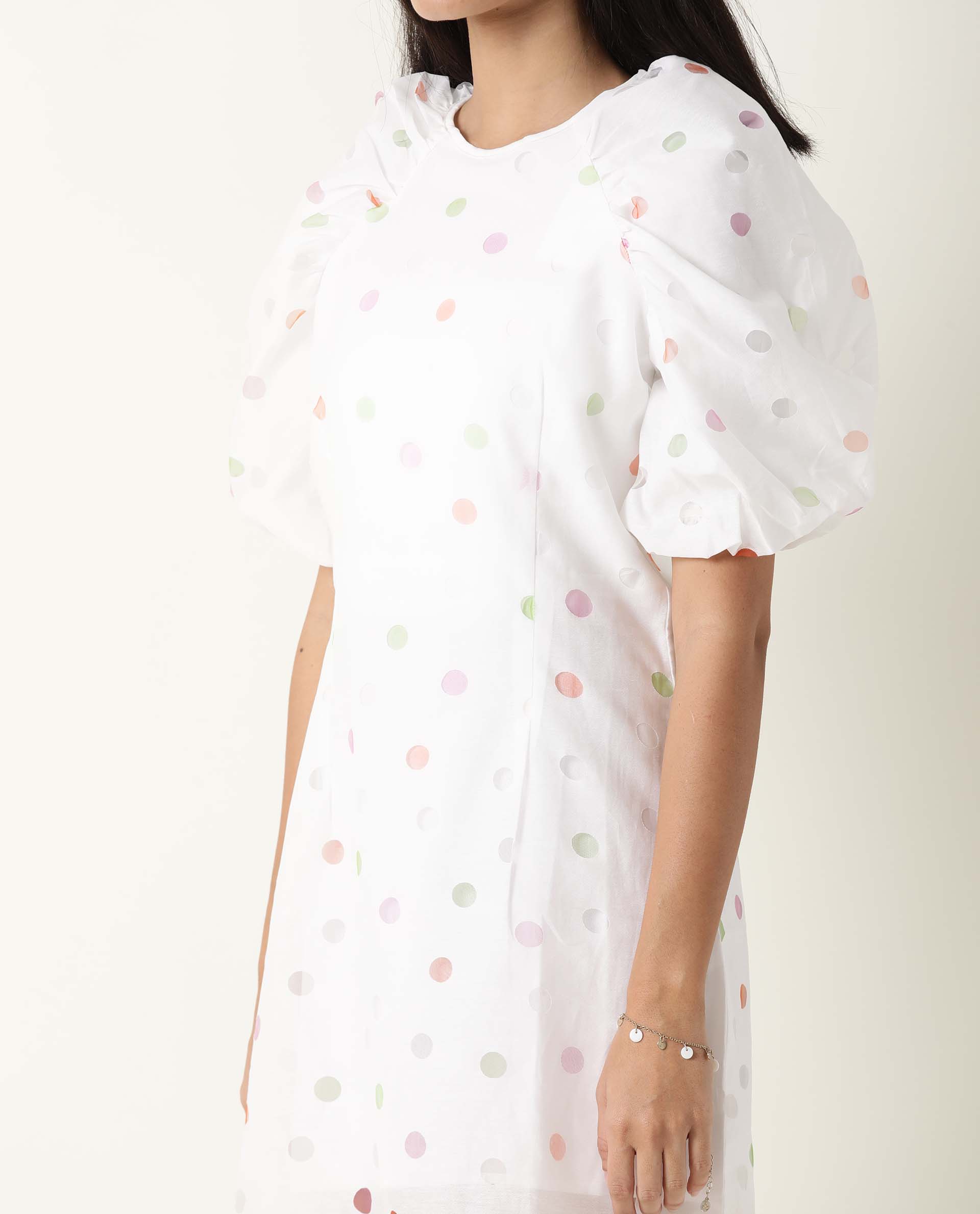 Rareism Women's Bonito White Polyester Blend Crew Neck Polka Print Balloon Sleeve Mini Tailored Dress