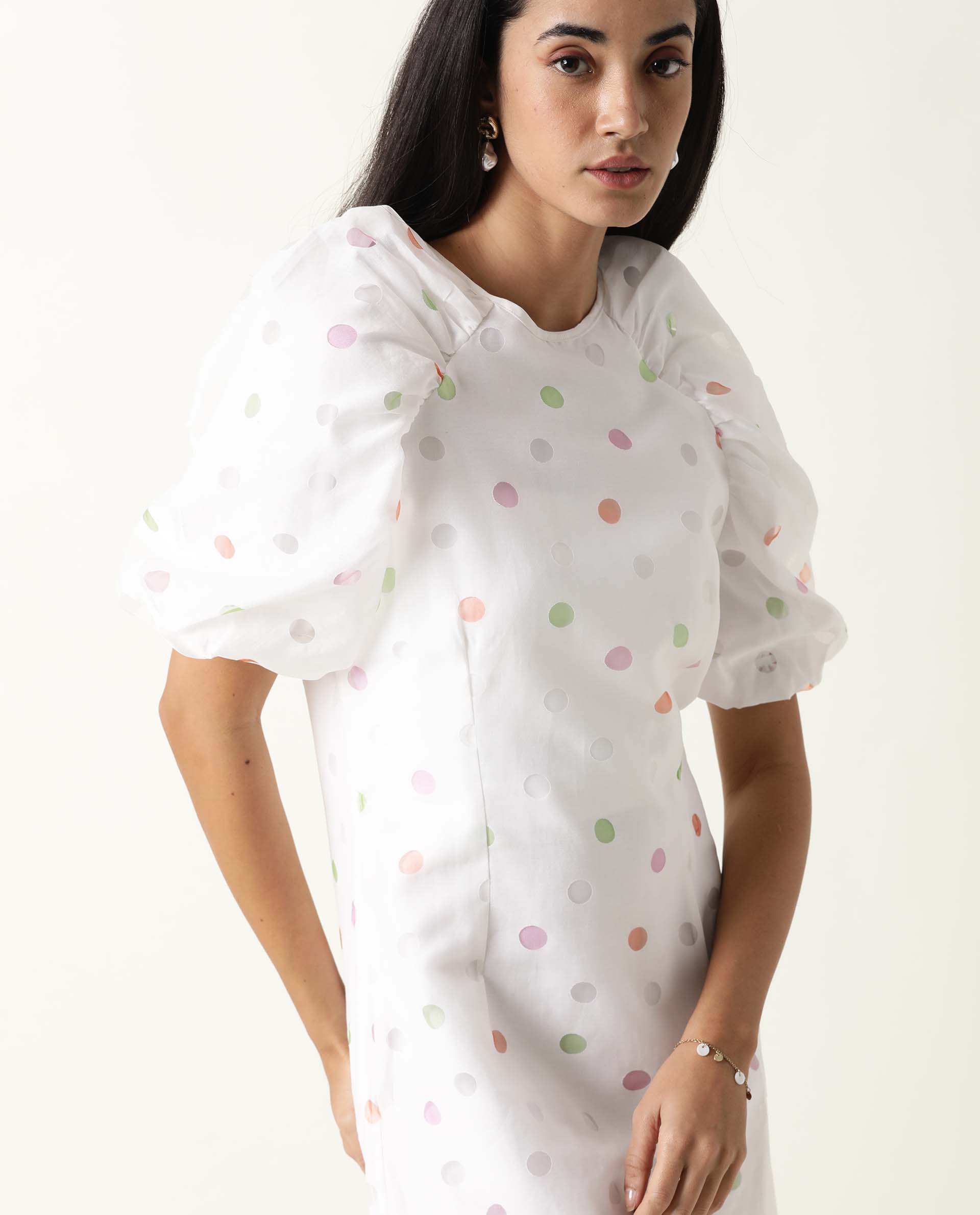 Rareism Women's Bonito White Polyester Blend Crew Neck Polka Print Balloon Sleeve Mini Tailored Dress