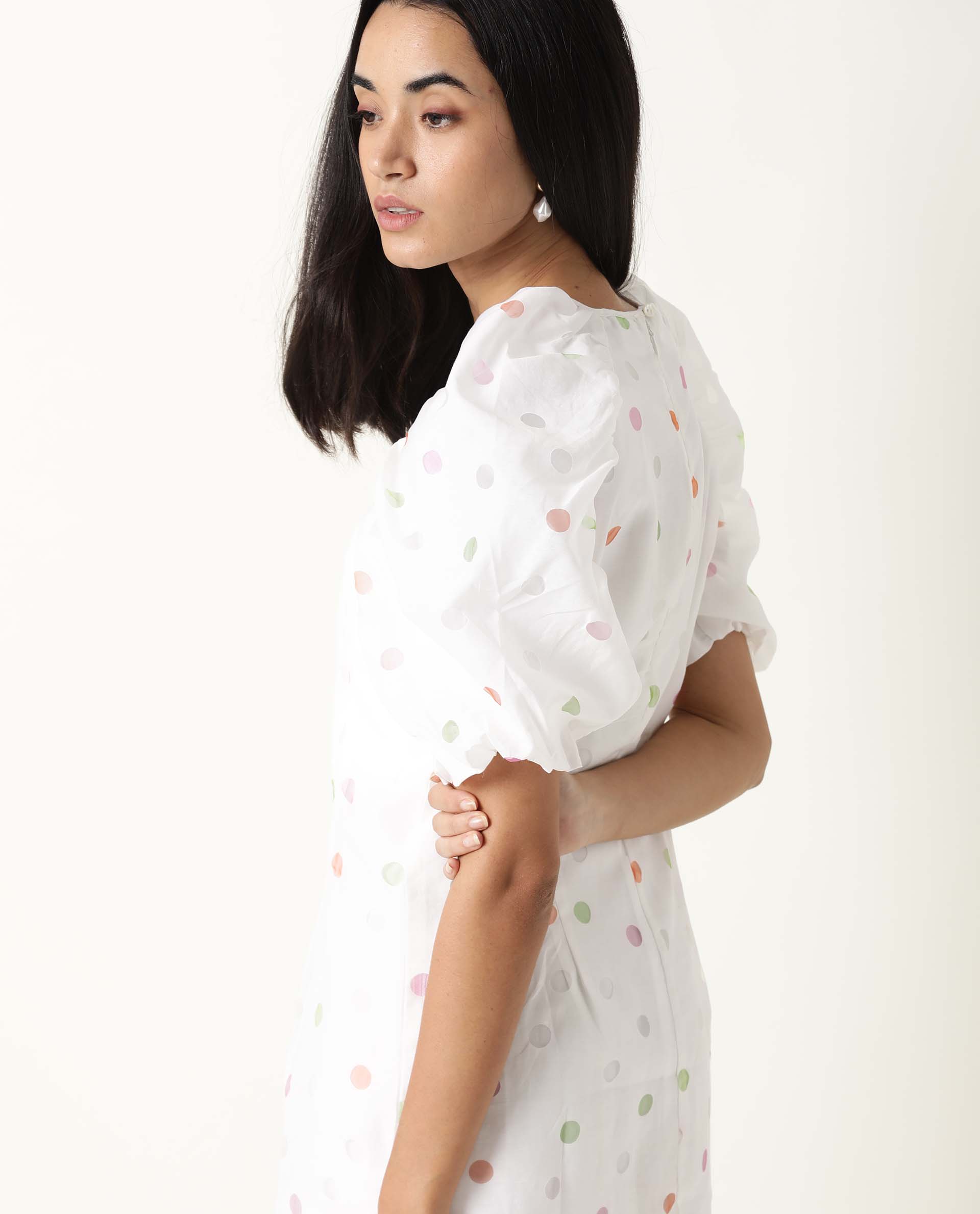 Rareism Women's Bonito White Polyester Blend Crew Neck Polka Print Balloon Sleeve Mini Tailored Dress