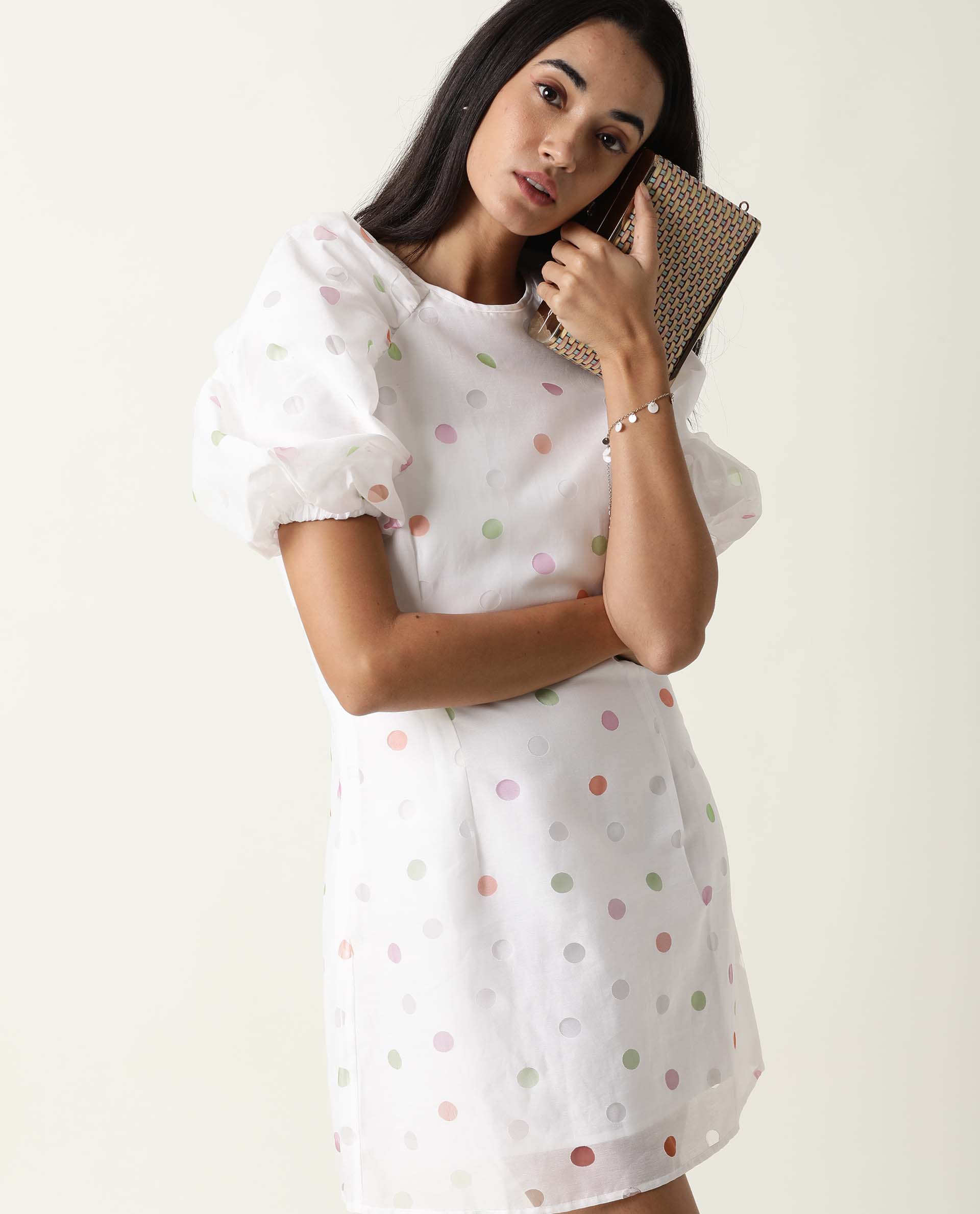 Rareism Women's Bonito White Polyester Blend Crew Neck Polka Print Balloon Sleeve Mini Tailored Dress
