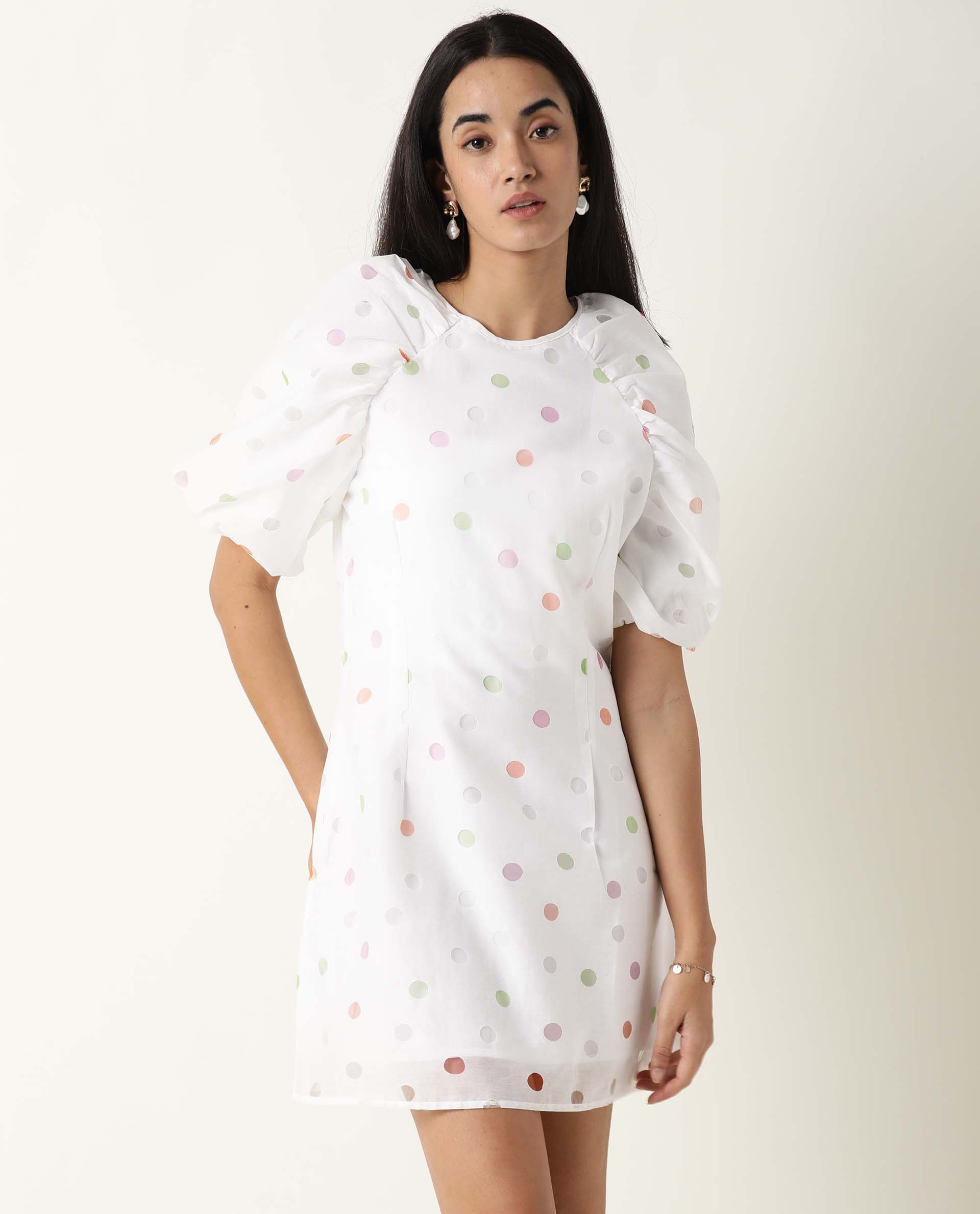 Rareism Women's Bonito White Polyester Blend Crew Neck Polka Print Balloon Sleeve Mini Tailored Dress
