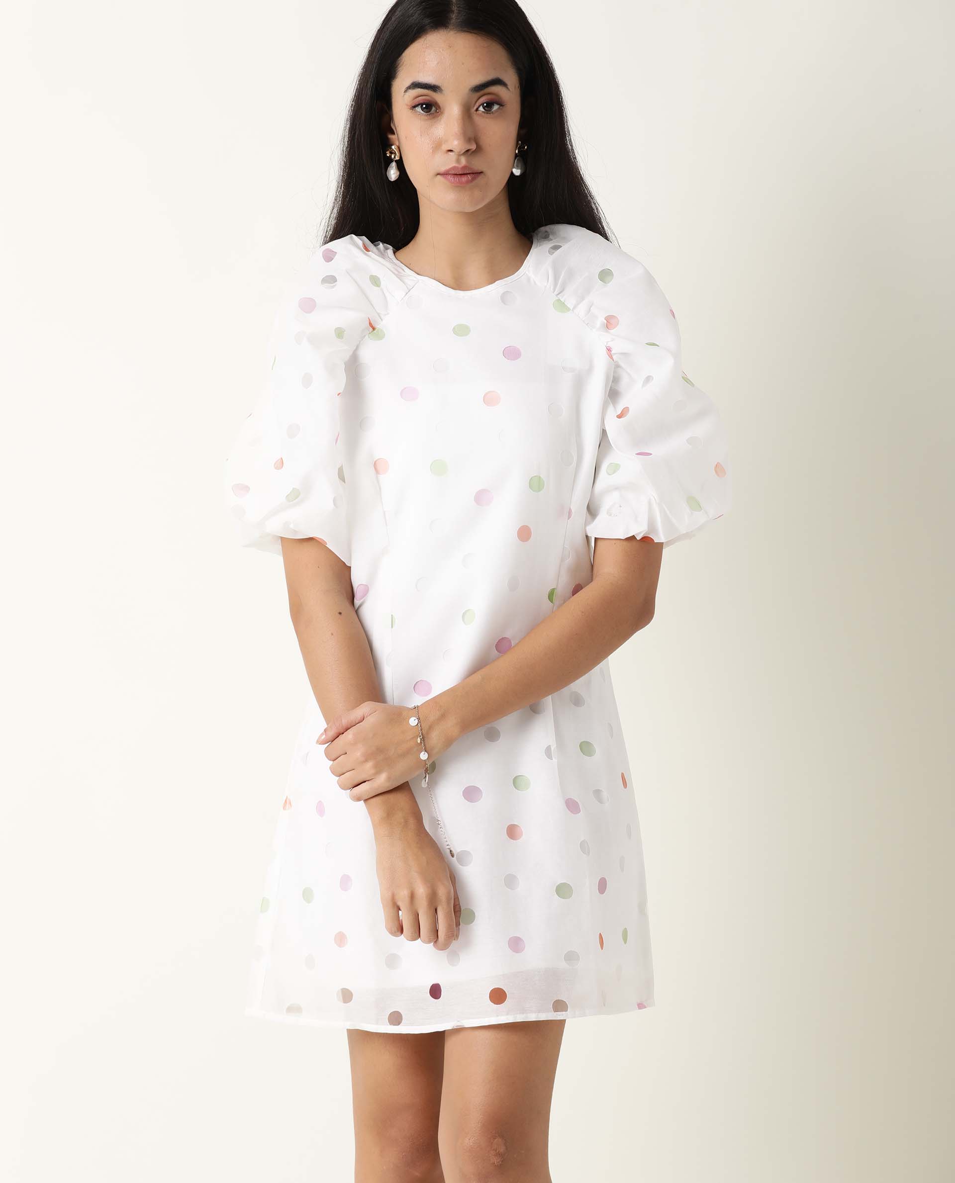 Rareism Women's Bonito White Polyester Blend Crew Neck Polka Print Balloon Sleeve Mini Tailored Dress