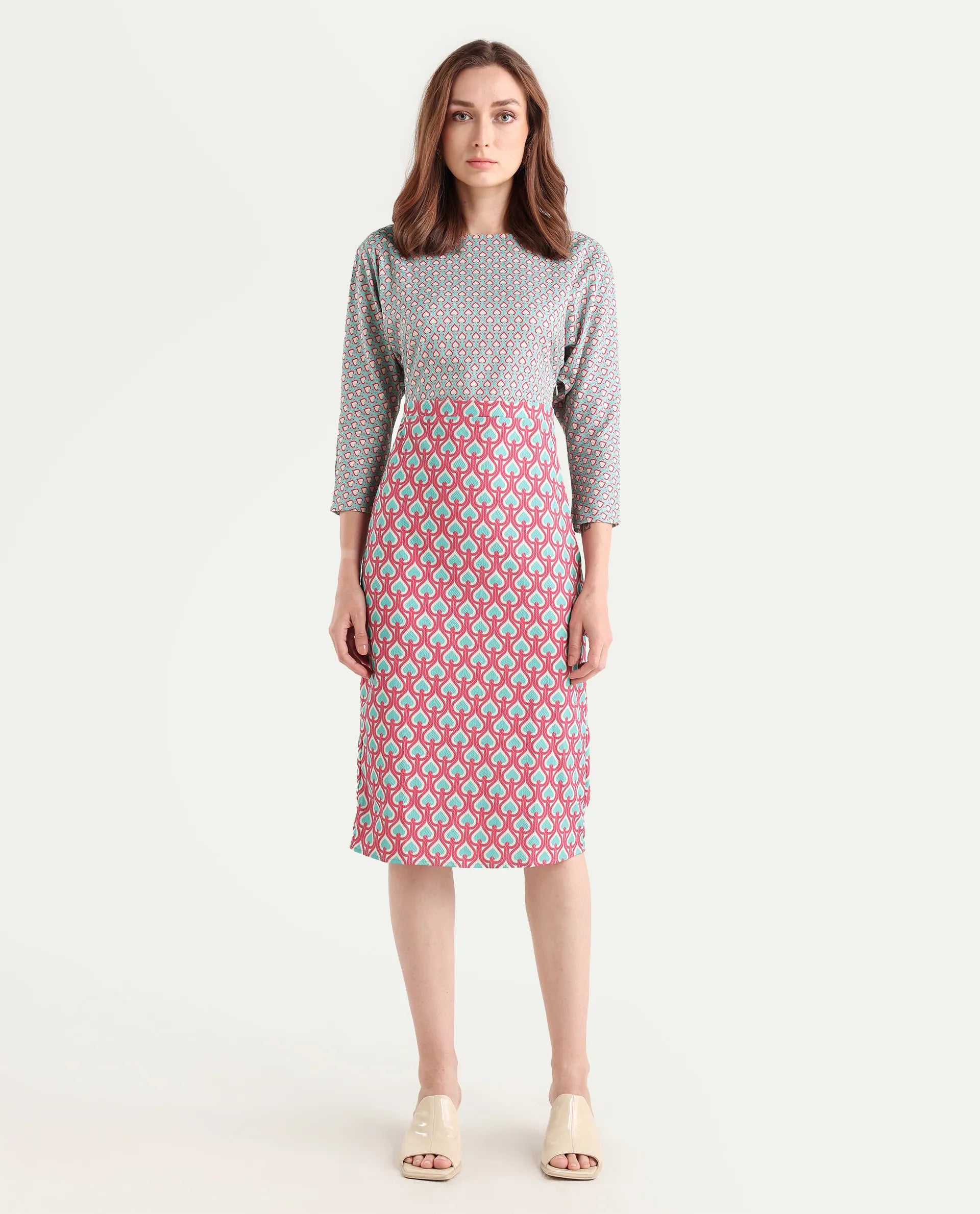 Rareism Women's Bovyan Multi Cotton Boat Neck Geometric Print Midi Straight Fit Dress