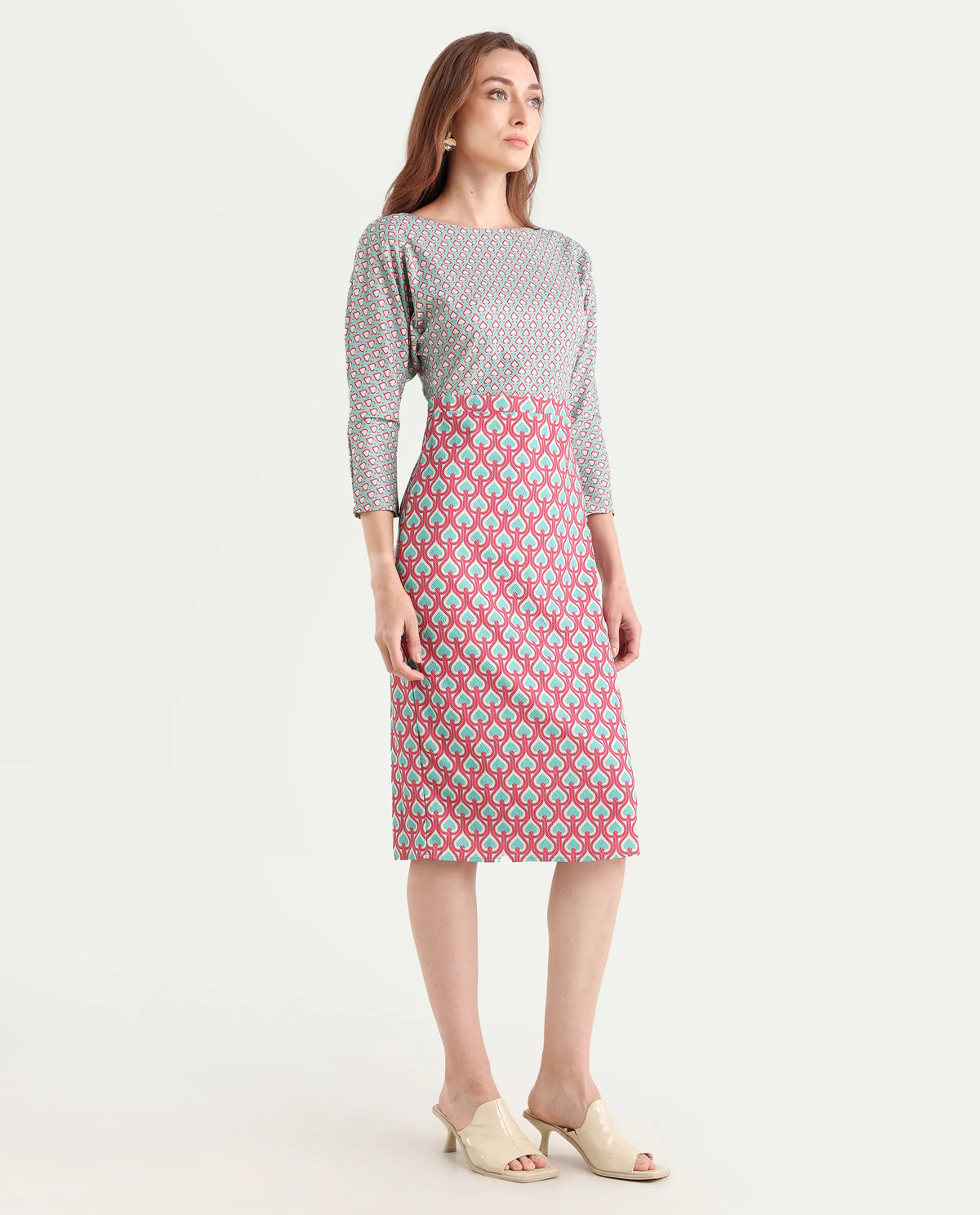 Rareism Women's Bovyan Multi Cotton Boat Neck Geometric Print Midi Straight Fit Dress