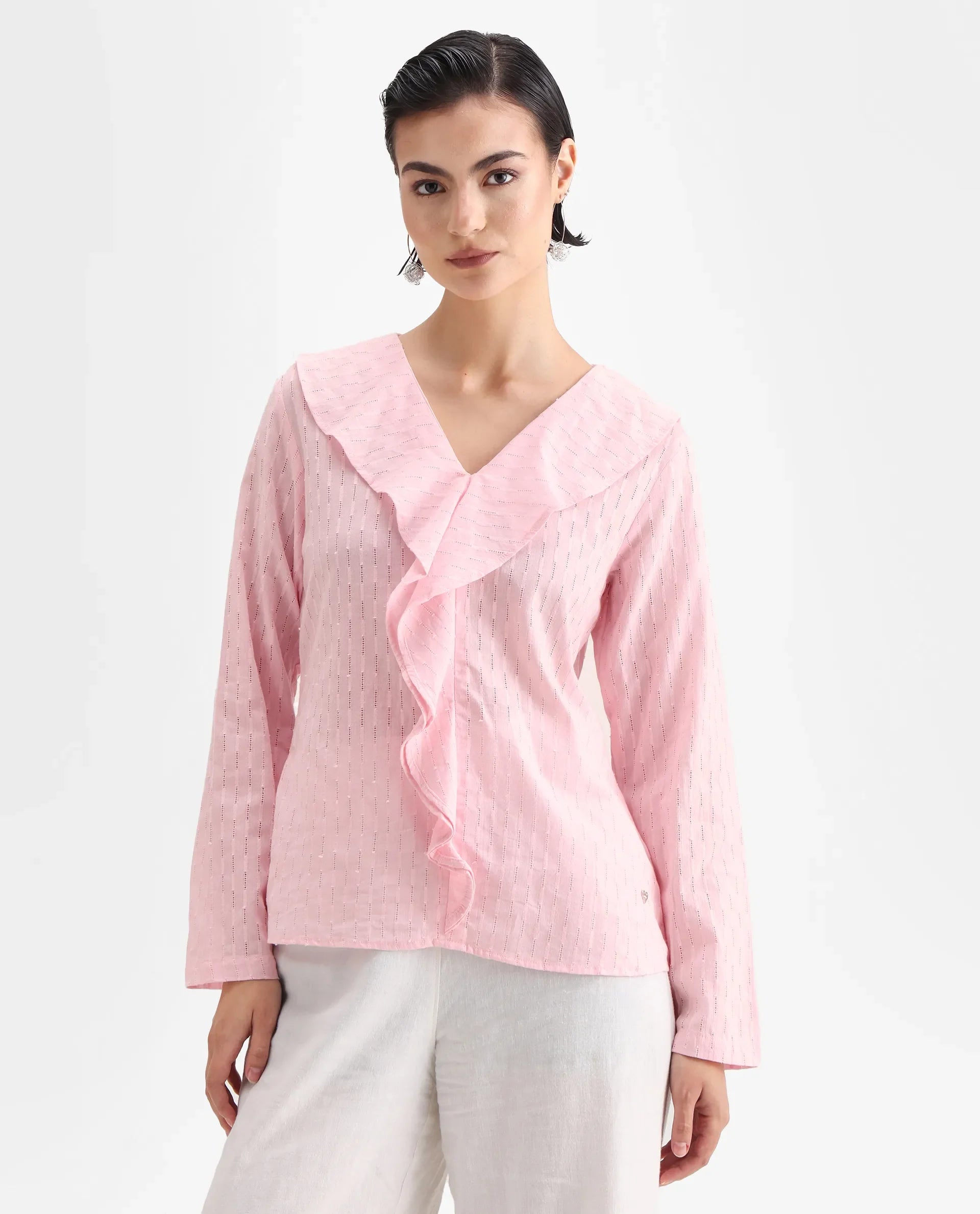 Rareism Women's Bowez Pink Cotton V-Neck Plain Regular Fit Top