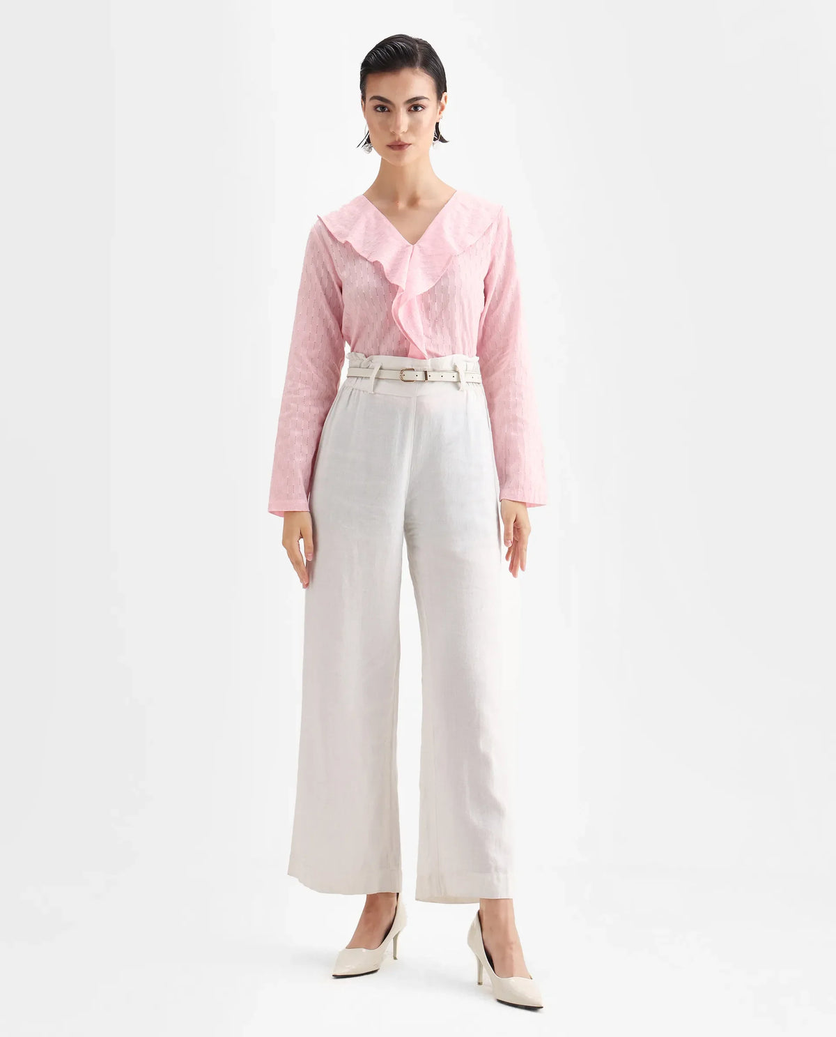 Rareism Women's Bowez Pink Cotton V-Neck Plain Regular Fit Top