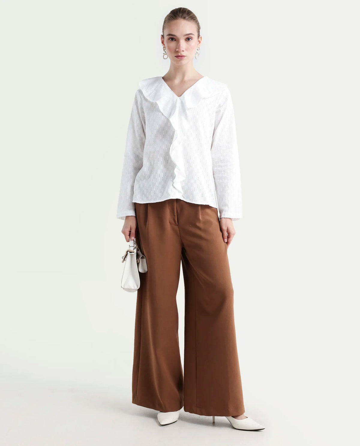Rareism Women's Bowez White Cotton Ruffled Neck Plain Regular Fit Top