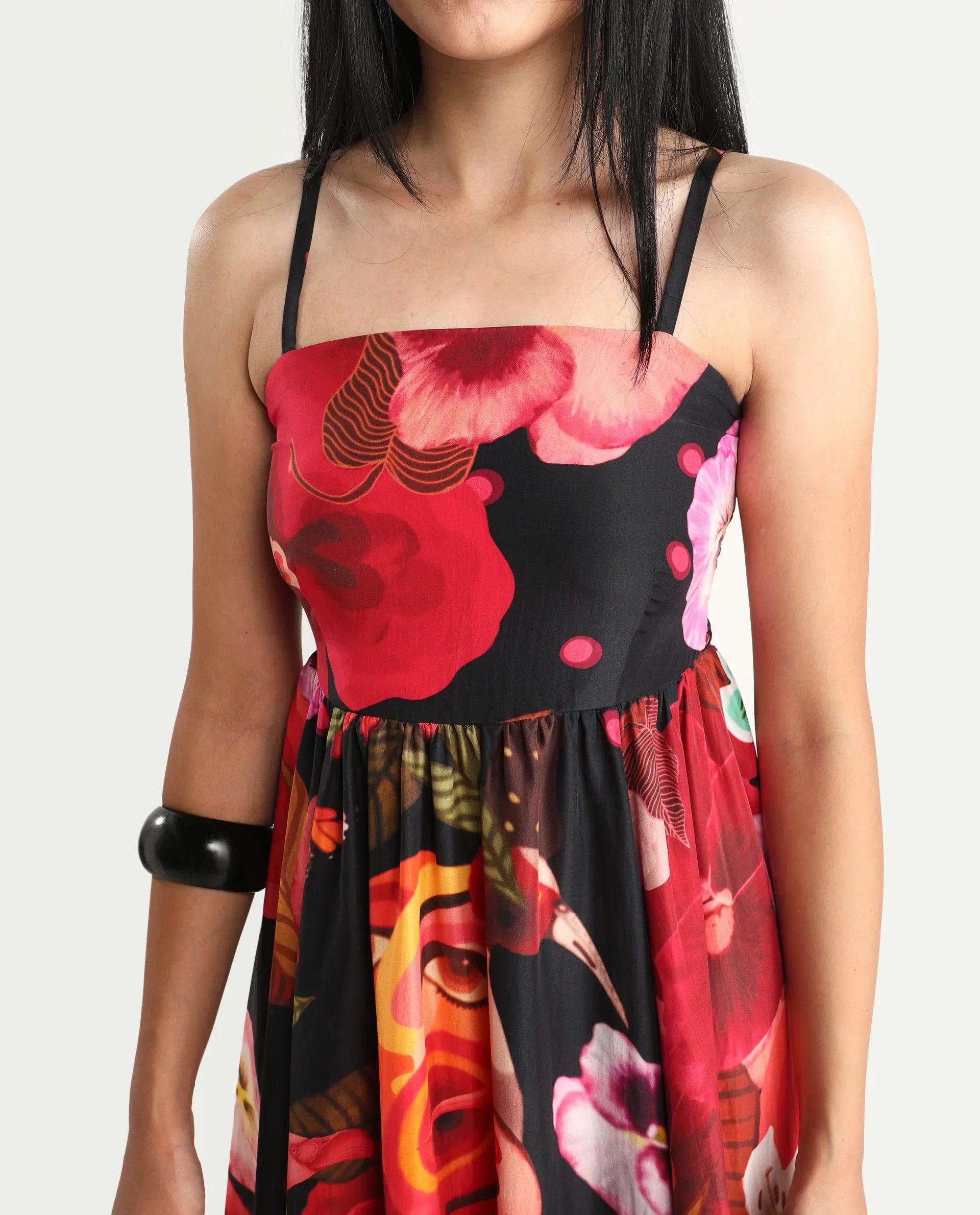 Rareism Women's Bozo Black Silk Sleeveless Fit And Flare Abstract Print Dress