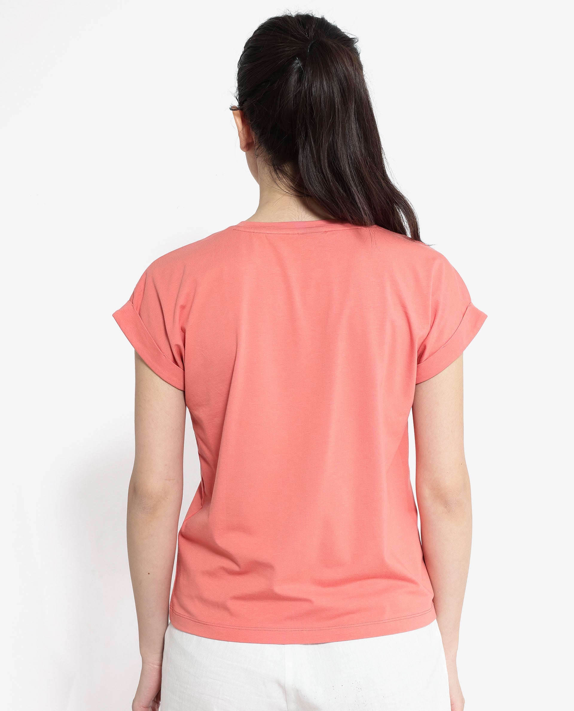 Rareism Women's Brahe Light Orange Cotton Crew Neck Graphic Print Boxy Fit T-Shirt