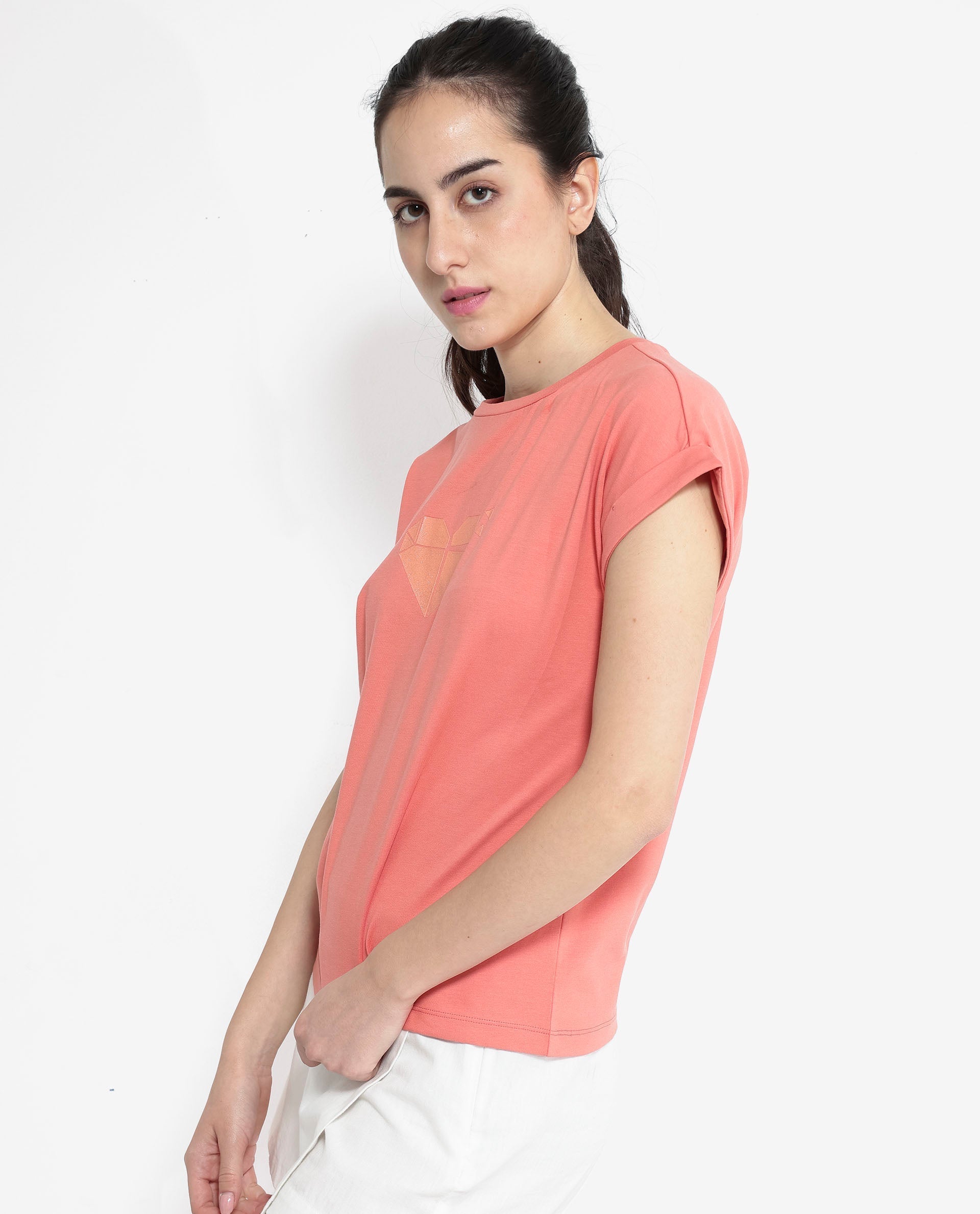 Rareism Women's Brahe Light Orange Cotton Crew Neck Graphic Print Boxy Fit T-Shirt