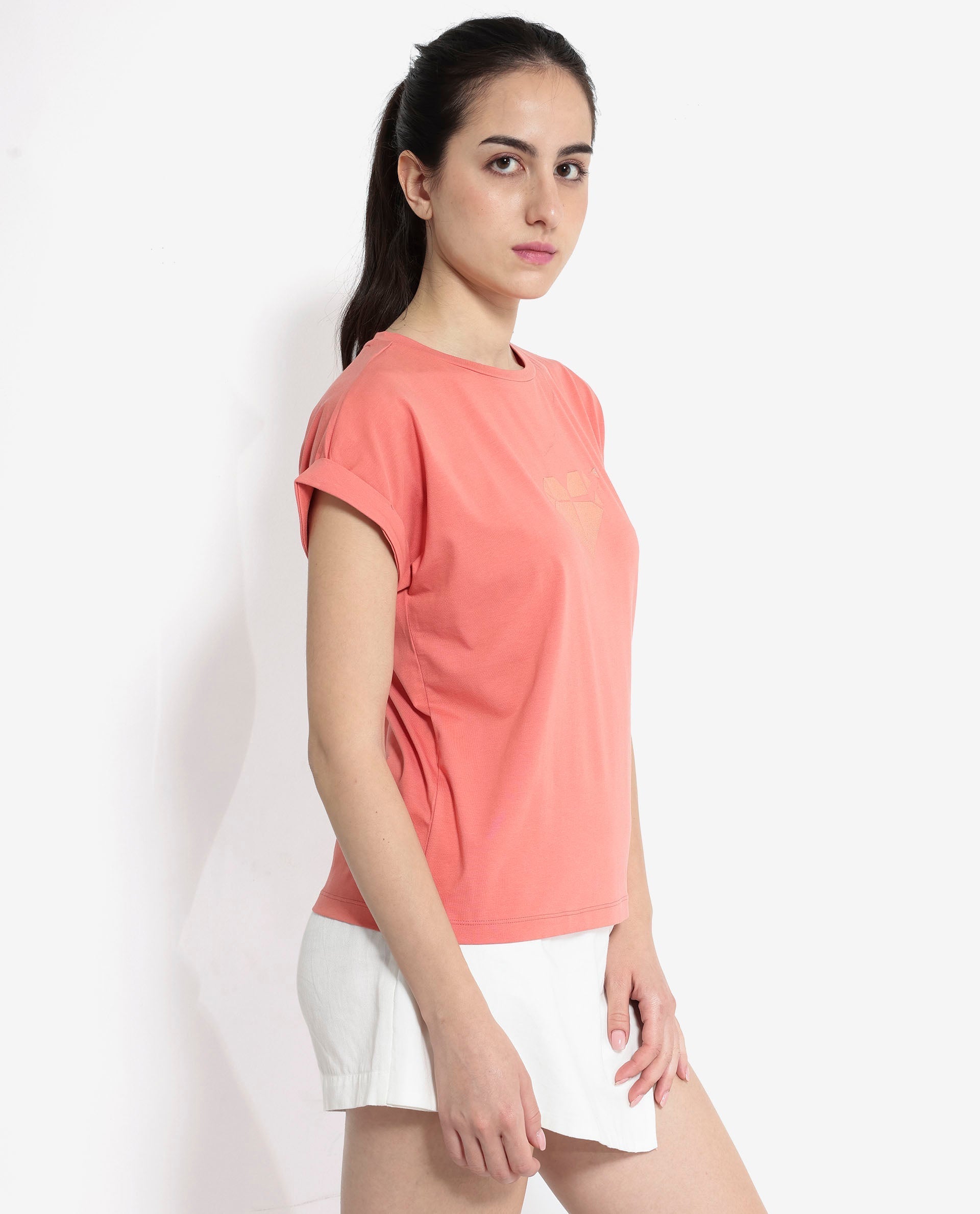 Rareism Women's Brahe Light Orange Cotton Crew Neck Graphic Print Boxy Fit T-Shirt