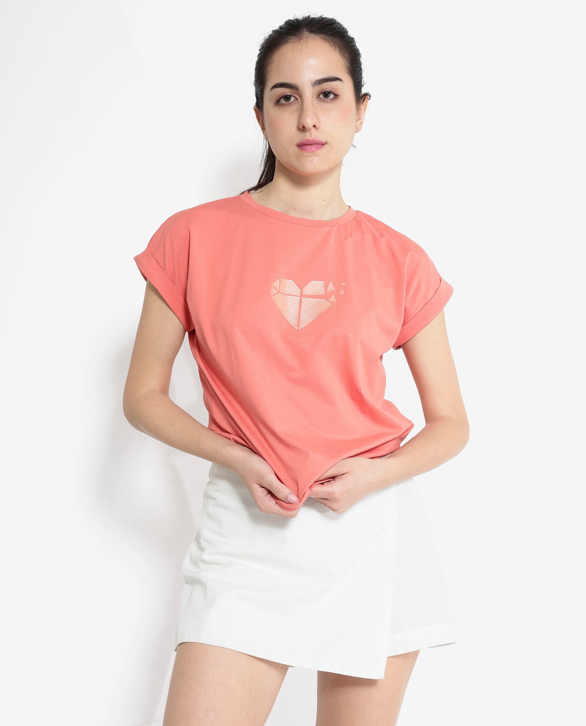 Rareism Women's Brahe Light Orange Cotton Crew Neck Graphic Print Boxy Fit T-Shirt