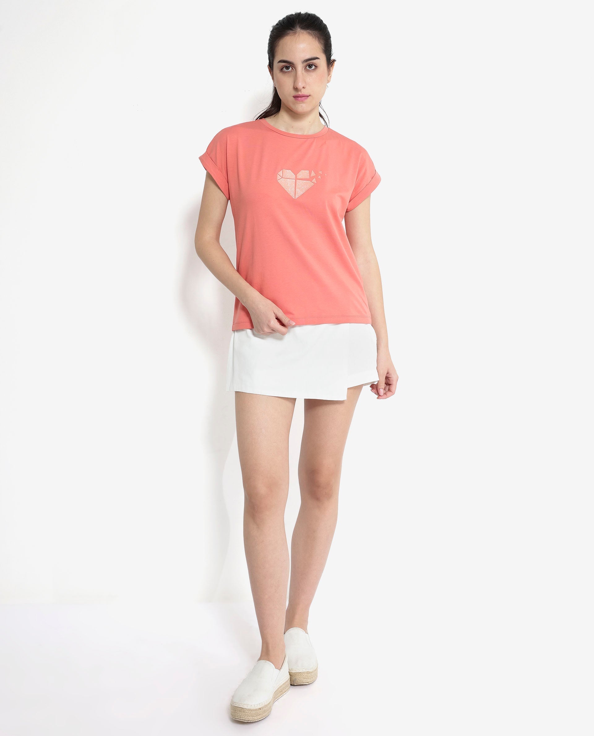 Rareism Women's Brahe Light Orange Cotton Crew Neck Graphic Print Boxy Fit T-Shirt